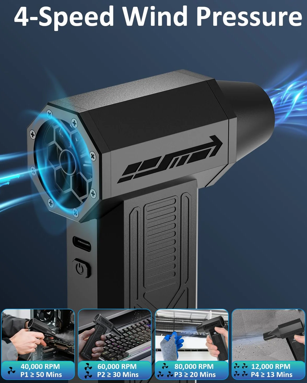 Soffiatore ad aria compressa, 120000 giri/min Mini soffiatore potente senza fili con luce LED, 4 velocità Soffiatore elettrico a batteria per la pulizia di PC, tastiere, mobili e automobili