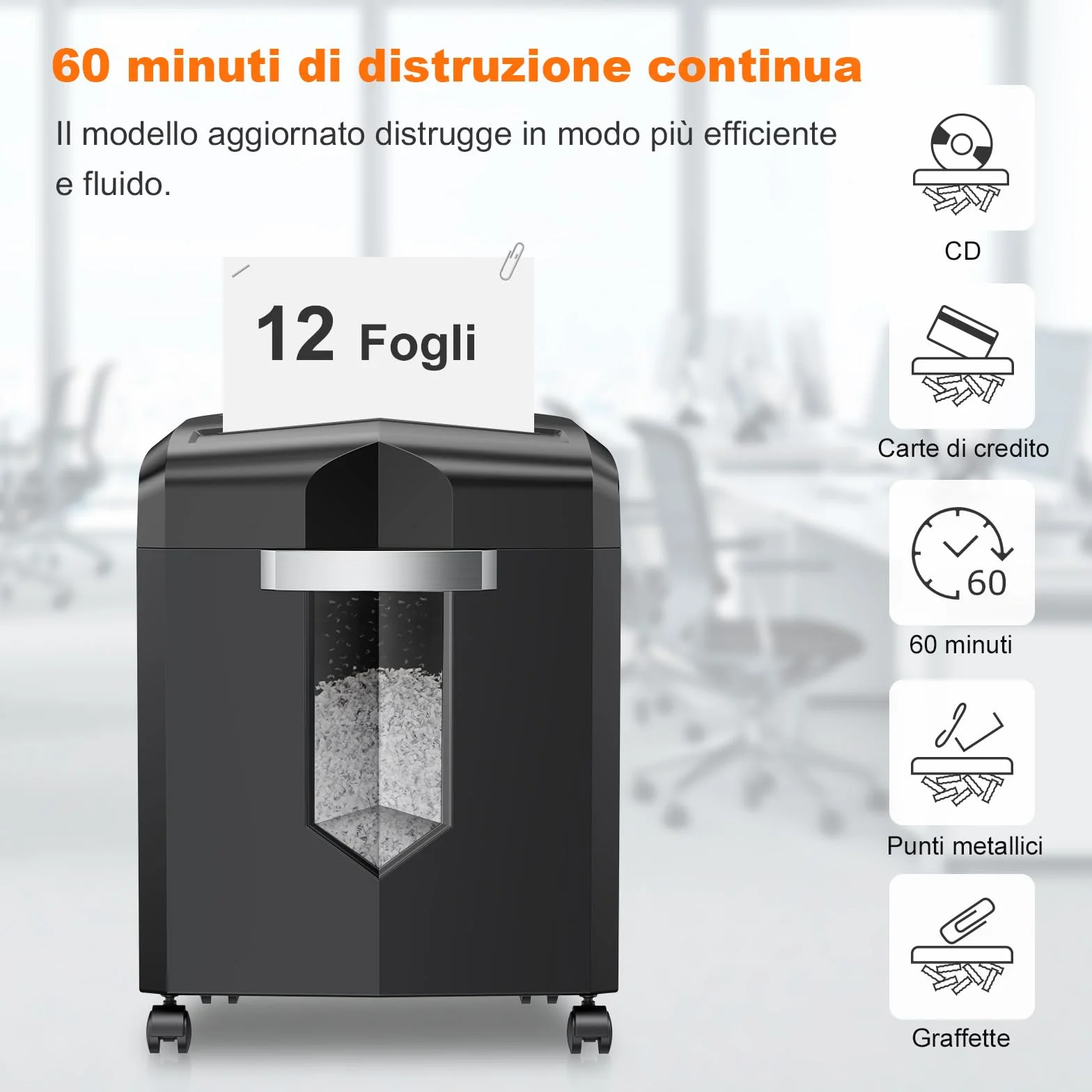 Bonsaii distruggidocumenti professionale 12 Fogli, Taglio a Micro Frammenti con Funzione Distruggi Carte di Credito/CD, per Casa e Ufficio, con ruote e Cestino da 16 litri (C266-B)
