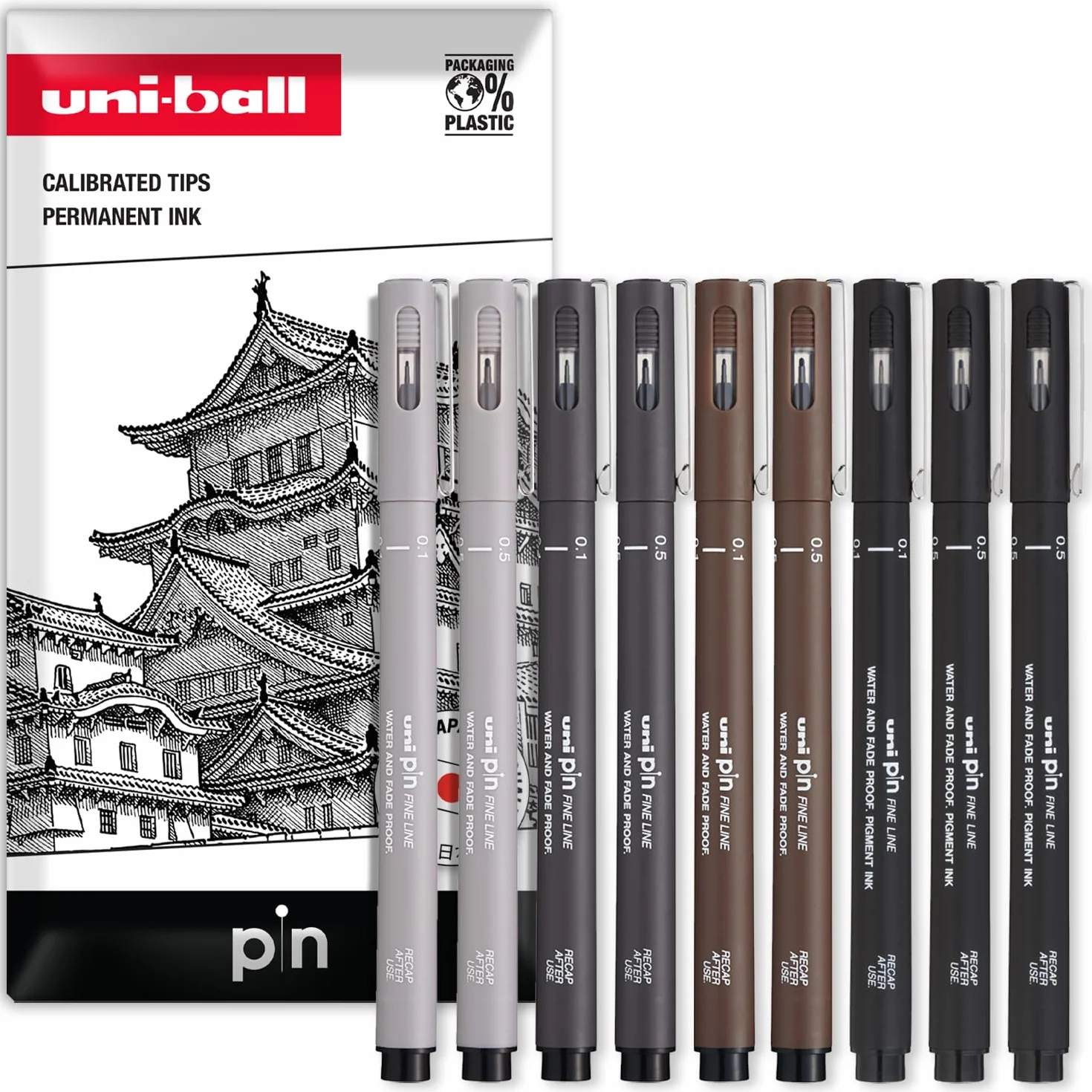 Uni Pin Fineliner Set 9 penne da disegno 0,1/0,5 mm nero grigio seppia