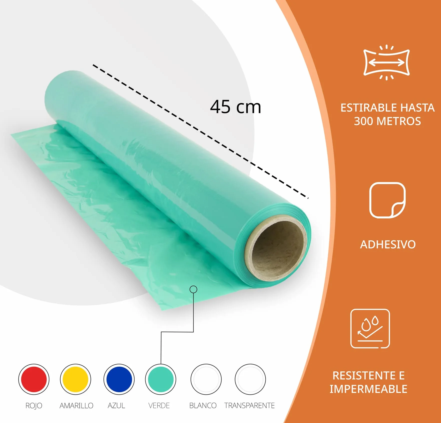 OFITURIA Pellicola per imballaggio 50 cm di larghezza e stirabile fino a 300 metri di lunghezza – Rotolo di pellicola elastica manuale per imballaggio industriale (Verde, 2)