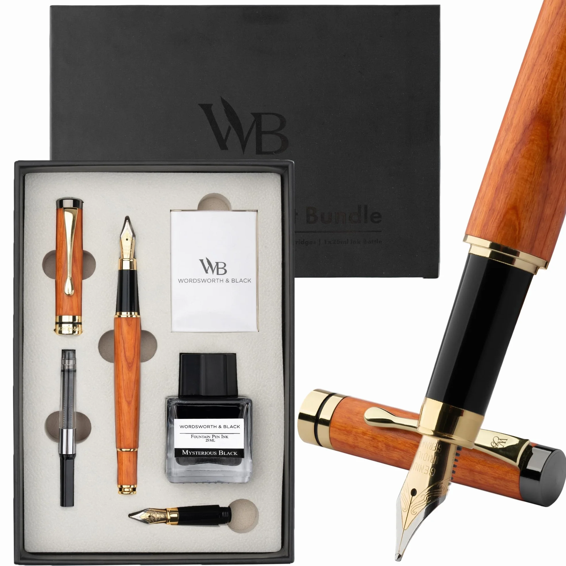 Wordsworth & Black's Set di Penne Stilografiche Lusso Legno di Bambù Pennino Medio Pennino Extra Fine Custodia Regalo Boccetta di Inchiostro Nero da 25ML 6 Cartucce di Inchiostro [Legno di Ciliegio]