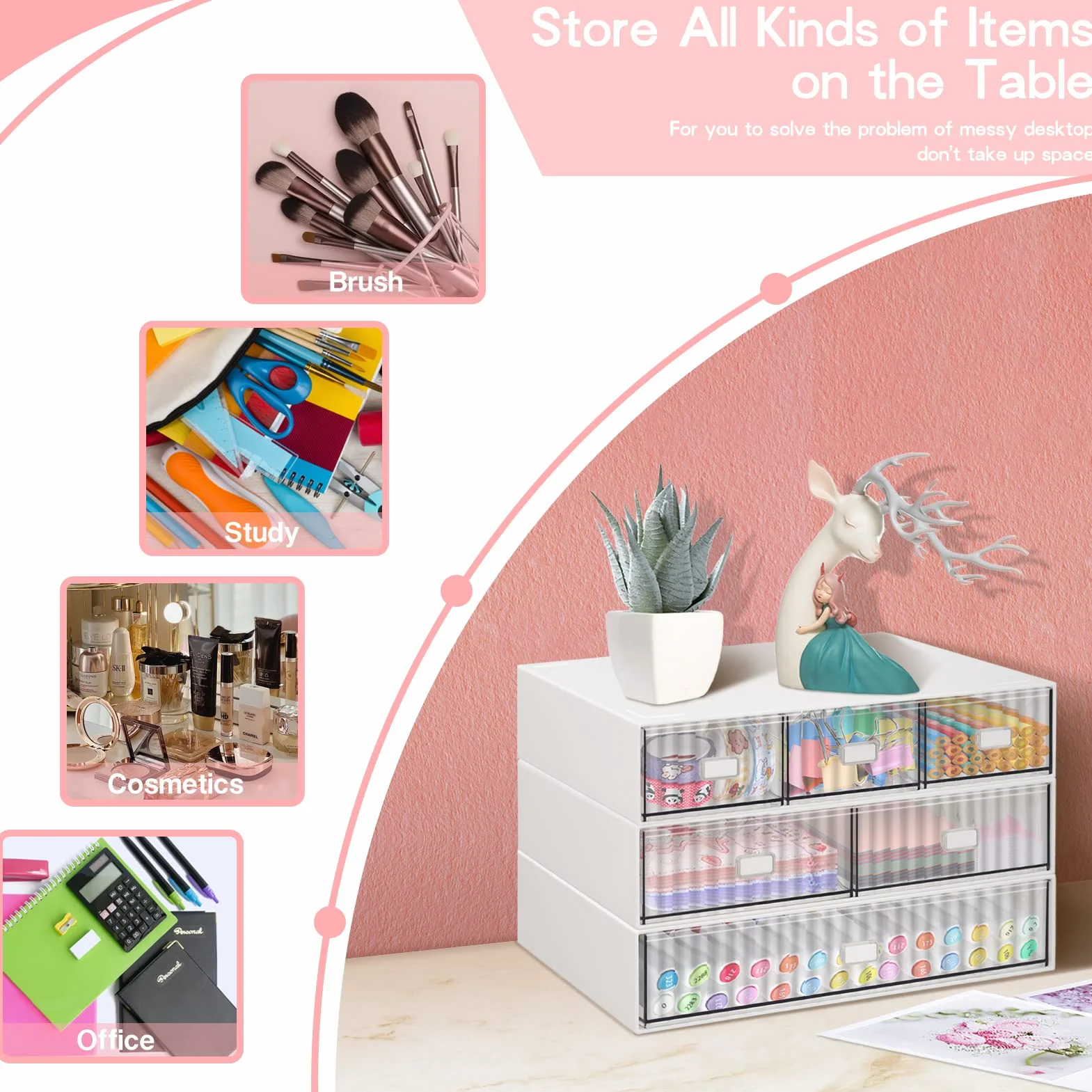Organizer impilabile da scrivania con 6 cassetti, scatola portaoggetti in plastica a 3 livelli, cassetti da scrivania, portaoggetti staccabile per trucco, scuola, casa