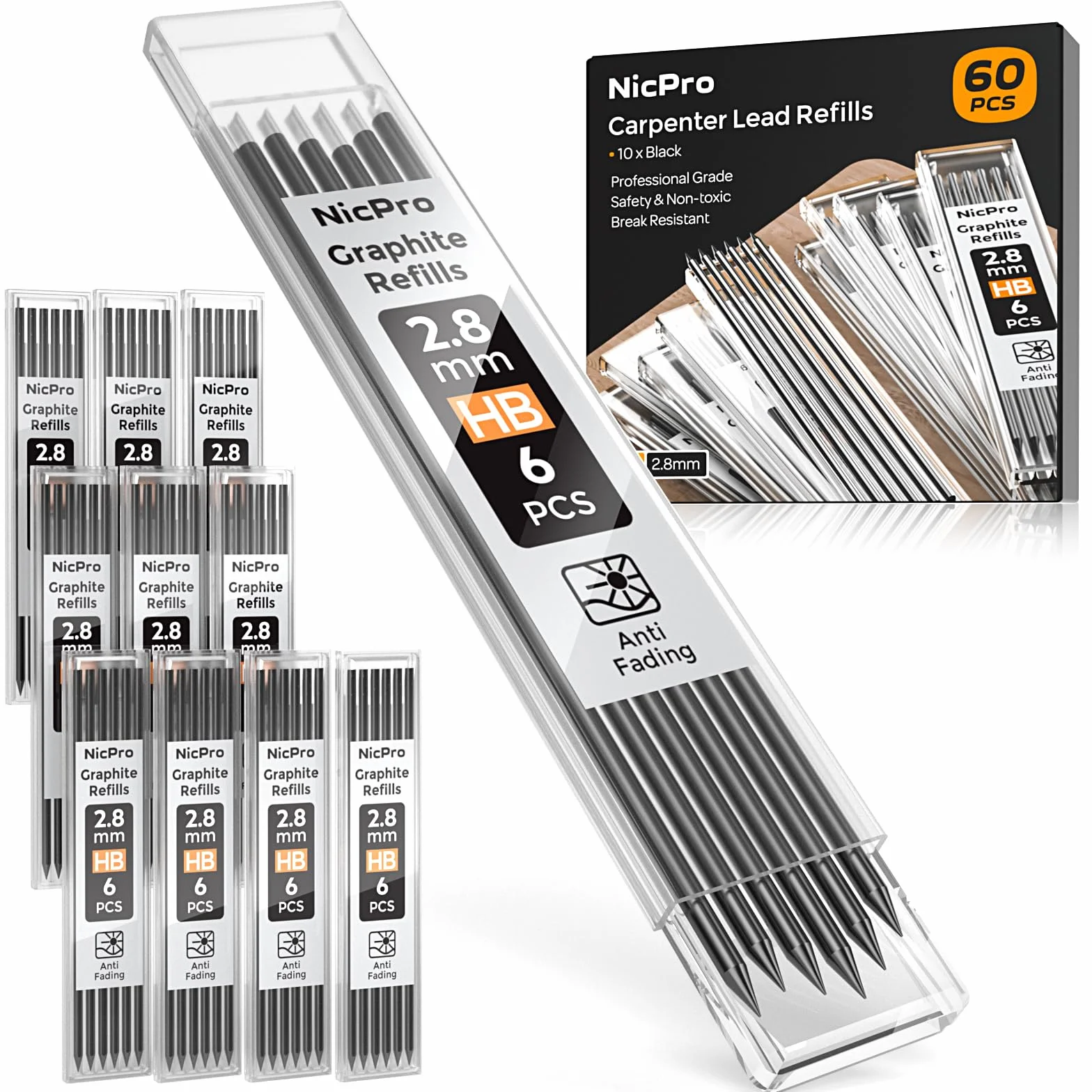 Nicpro 60 pezzi ricarica mina per matita da falegname 2,8 mm HB nero