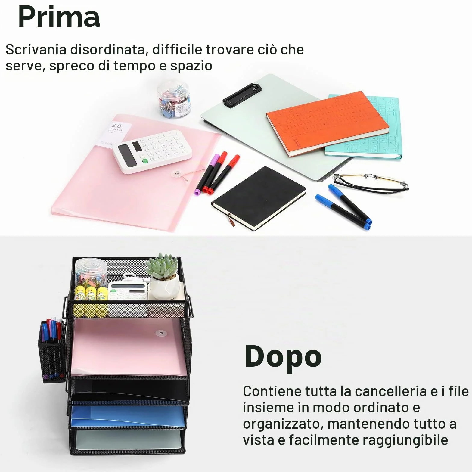 Cinnani - Vassoio impilabile per posta con portapenne in metallo, 4 piani, vassoio organizzatore di carta impilabile, con supporto per scrivania, cartelline, lettere, carta, organizer da scrivania in