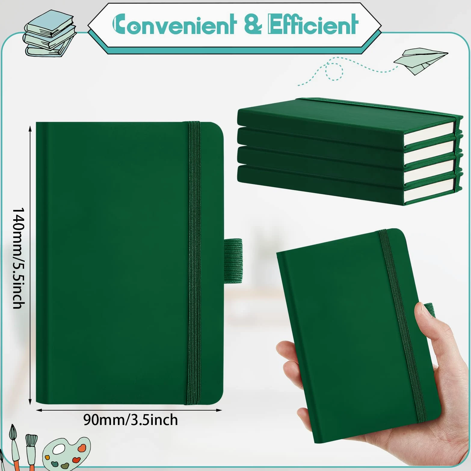 40 quaderni piccoli formato A6 tascabile, 3,5 x 12,5 cm, piccolo quaderno in pelle a righe, con fascia elastica portapenne, nastro per diario scolastico, ufficio (verde)
