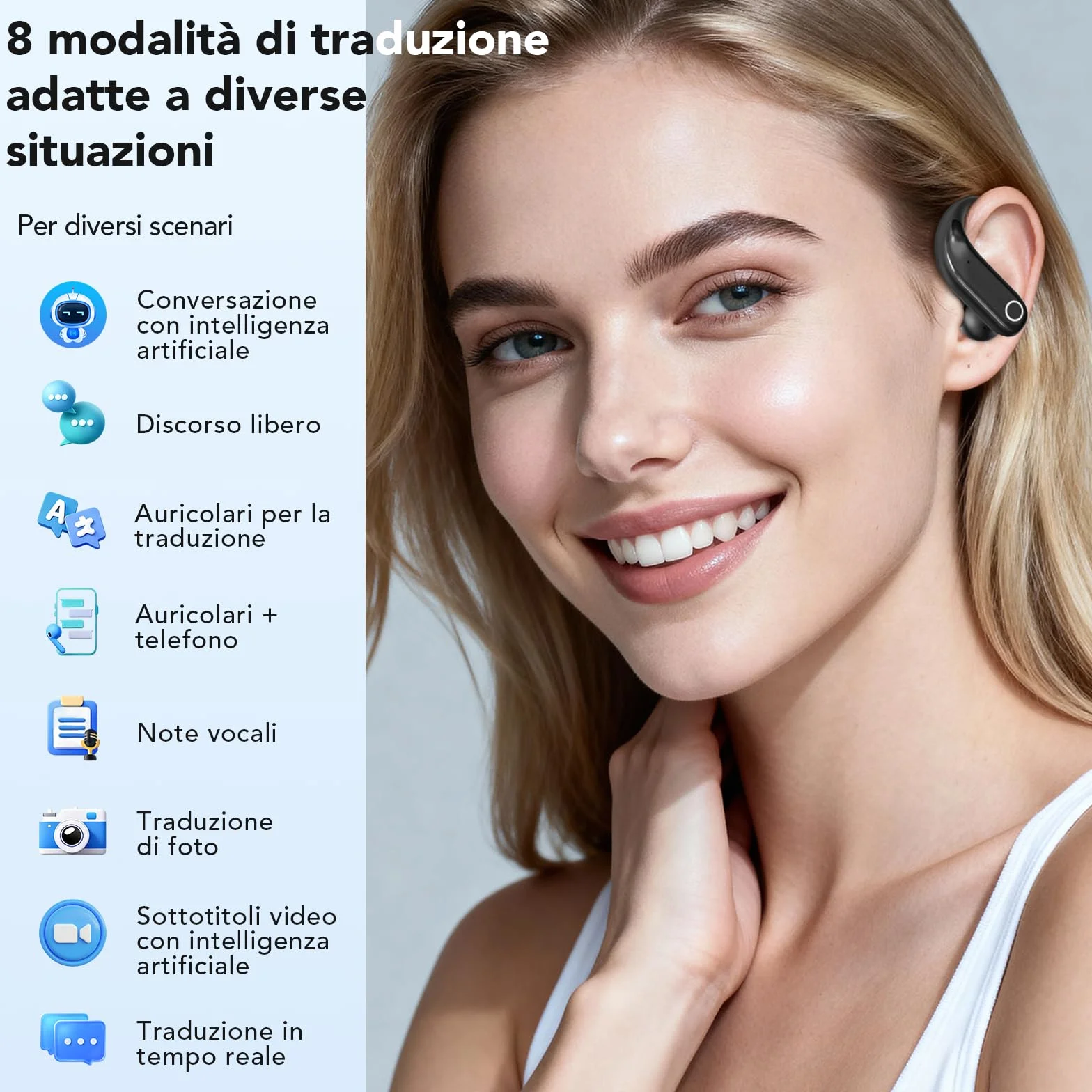 NE61 - cuffie traduzione simultanea con frequenza cardiaca e monitor dell'ossigeno nel sangue, 3 in 1 in auricolari traduttore simultaneo per 134 lingue con app, Bluetooth 6.0, 8 modali per business