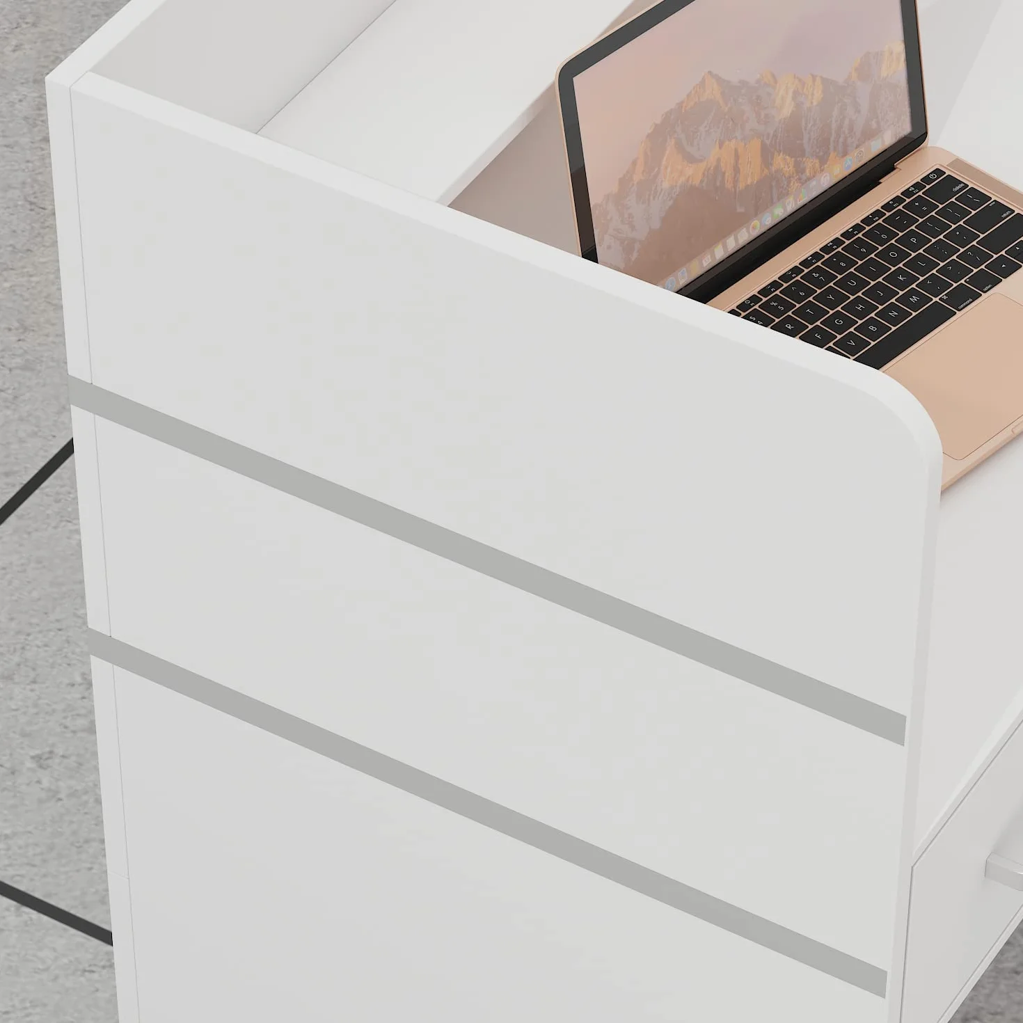 Banco reception, tavolo bancone per ufficio con 3 cassetti, disponibile, schermo privacy, bianco, MDF, maniglia in metallo, 110 x 120 x 48 cm