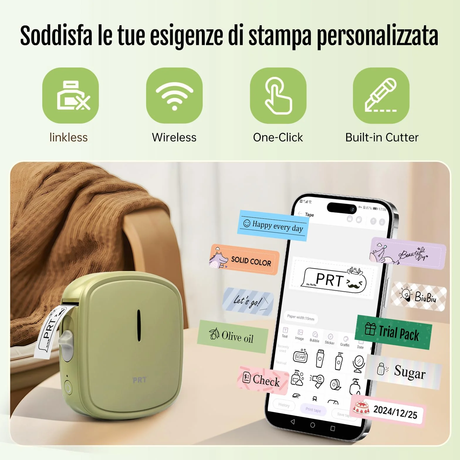 PRT Mini Etichettatrice Portatile Bluetooth Stampante Termica Etichette iOS Android Verde