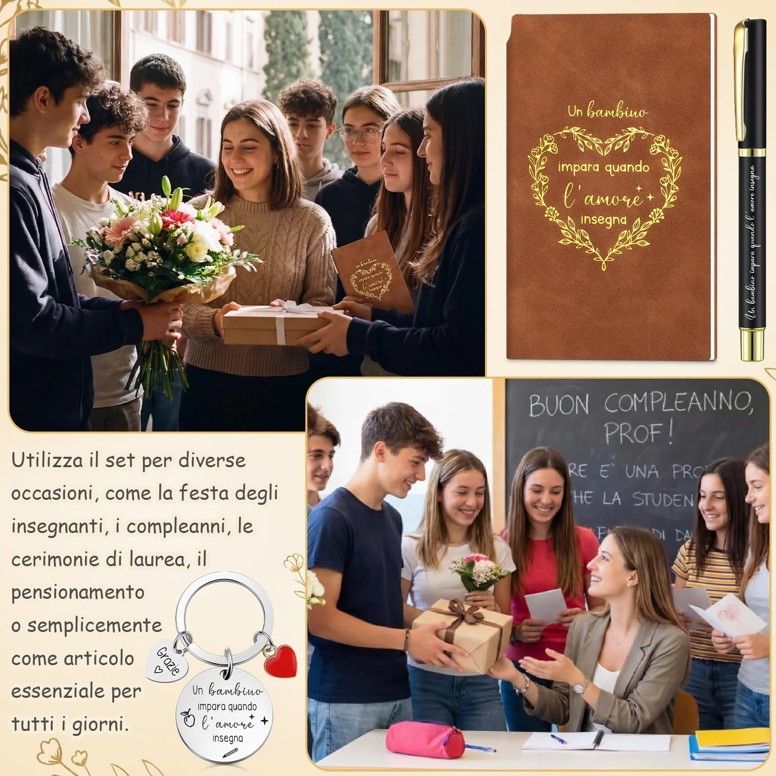 Nezyo Regali per Maestra Regali di Apprezzamento per Insegnanti Set con Quaderno in Similpelle Penna Segnalibro Portachiavi