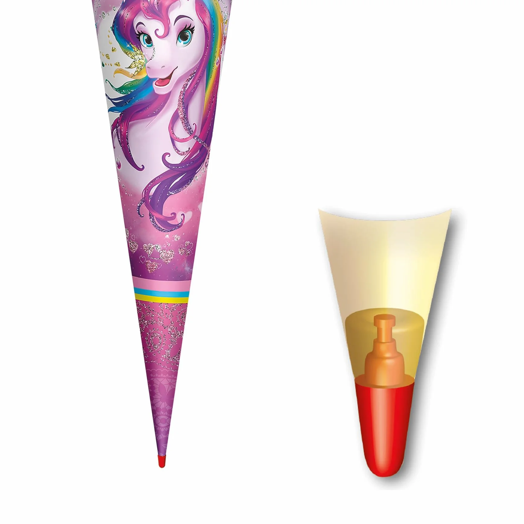 ROTH Sacchetto per la scuola, motivo unicorno, 70 cm, con effetto glitter, rotondo in pizzo rosso (h), chiusura in feltro, con unicorno, glitter