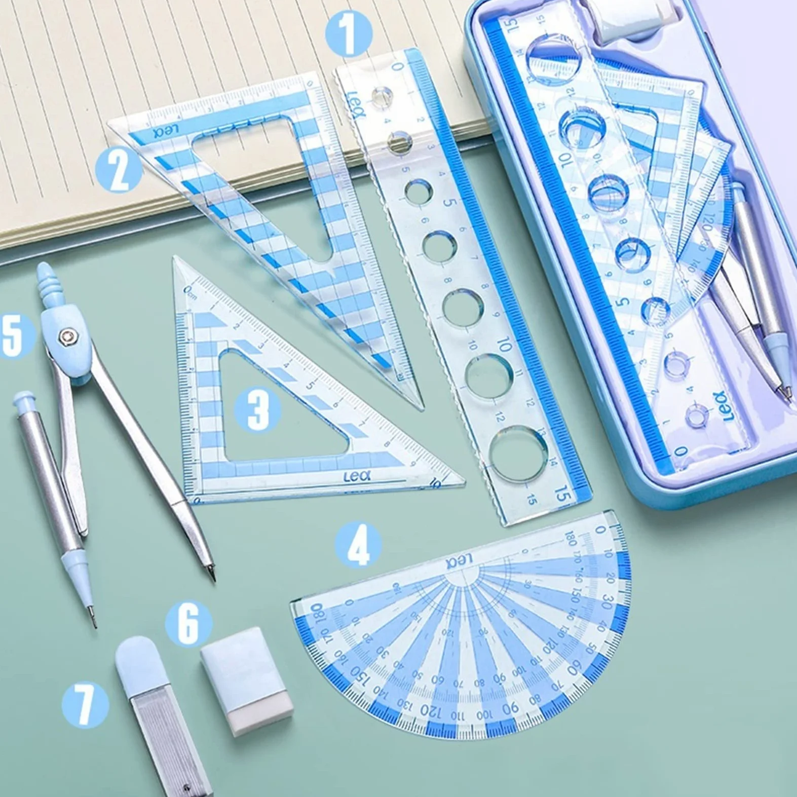 Kit da Disegno Set di Strumenti per Compasso da Disegno, Set di 7 Forniture per Studenti per la Lavorazione del Legno, Strumenti da Disegno di Ingegneria Set Matematico Goniometro per la Scuola (Col