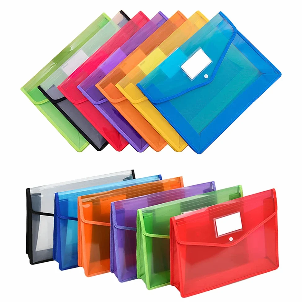 7 Pcs Cartelle Portadocumenti in Plastica con Bottone a Scatto, 36,5 * 28 cm, Impermeabile Trasparente Portafogli per Ufficio Scolastico