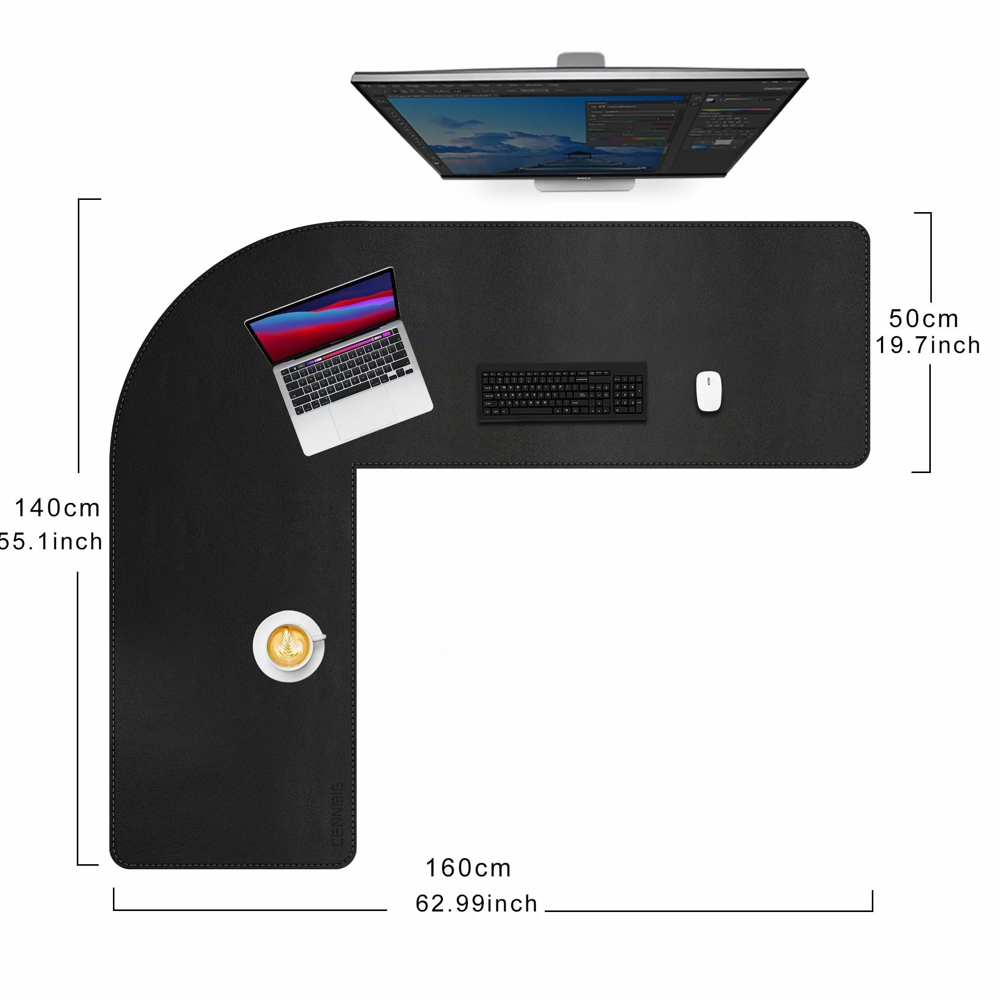 CENNBIE Tappetino Scrivania a forma di L a doppia faccia, 140 x 160 x 50cm Sottomano Scrivania angolare in pelle, Tappetino mouse in pelle a forma di L, Per Casa/Ufficio(nero)