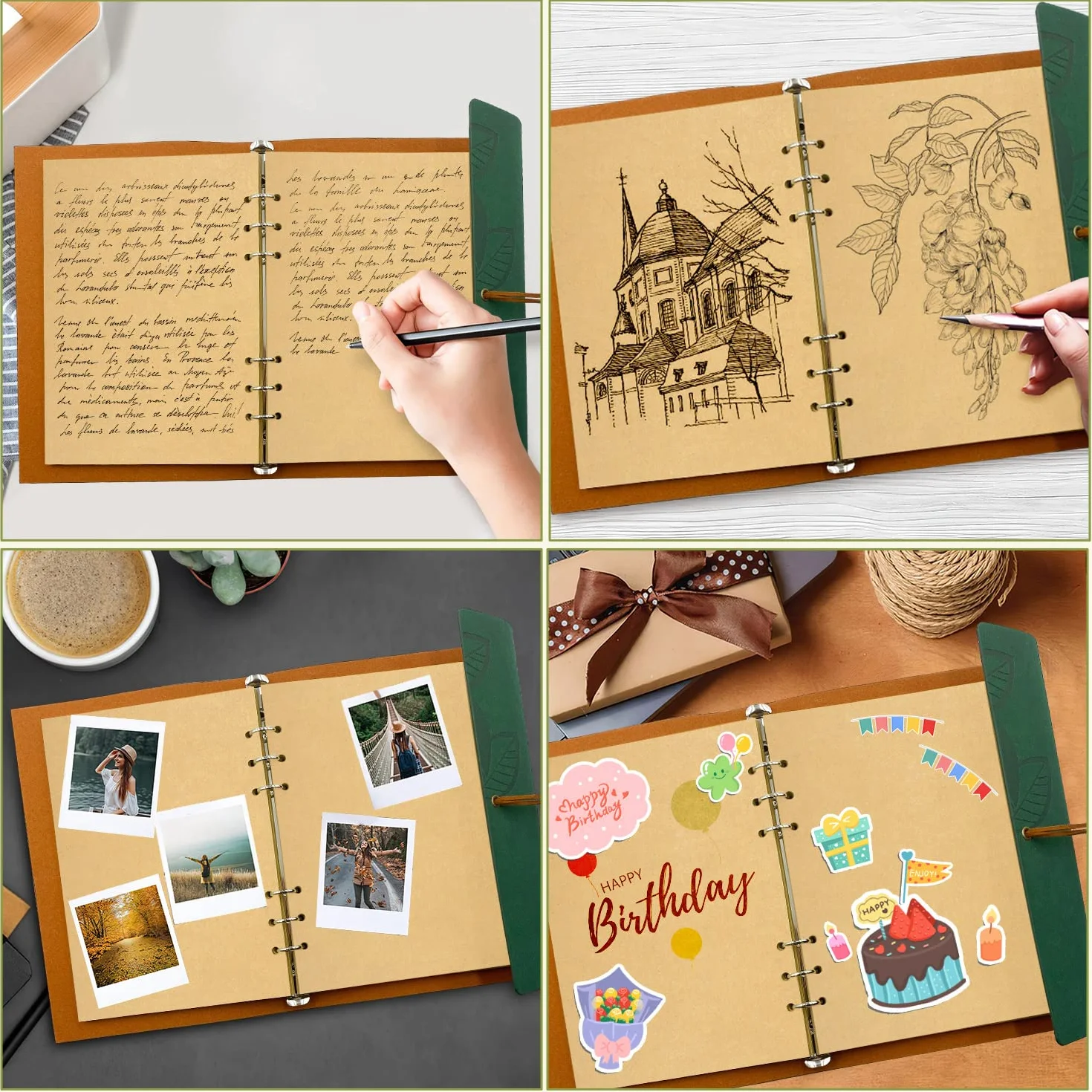 Taccuino Diario in PU Pelle Vintage Ricaricabile A5 Verde con Carta Kraft