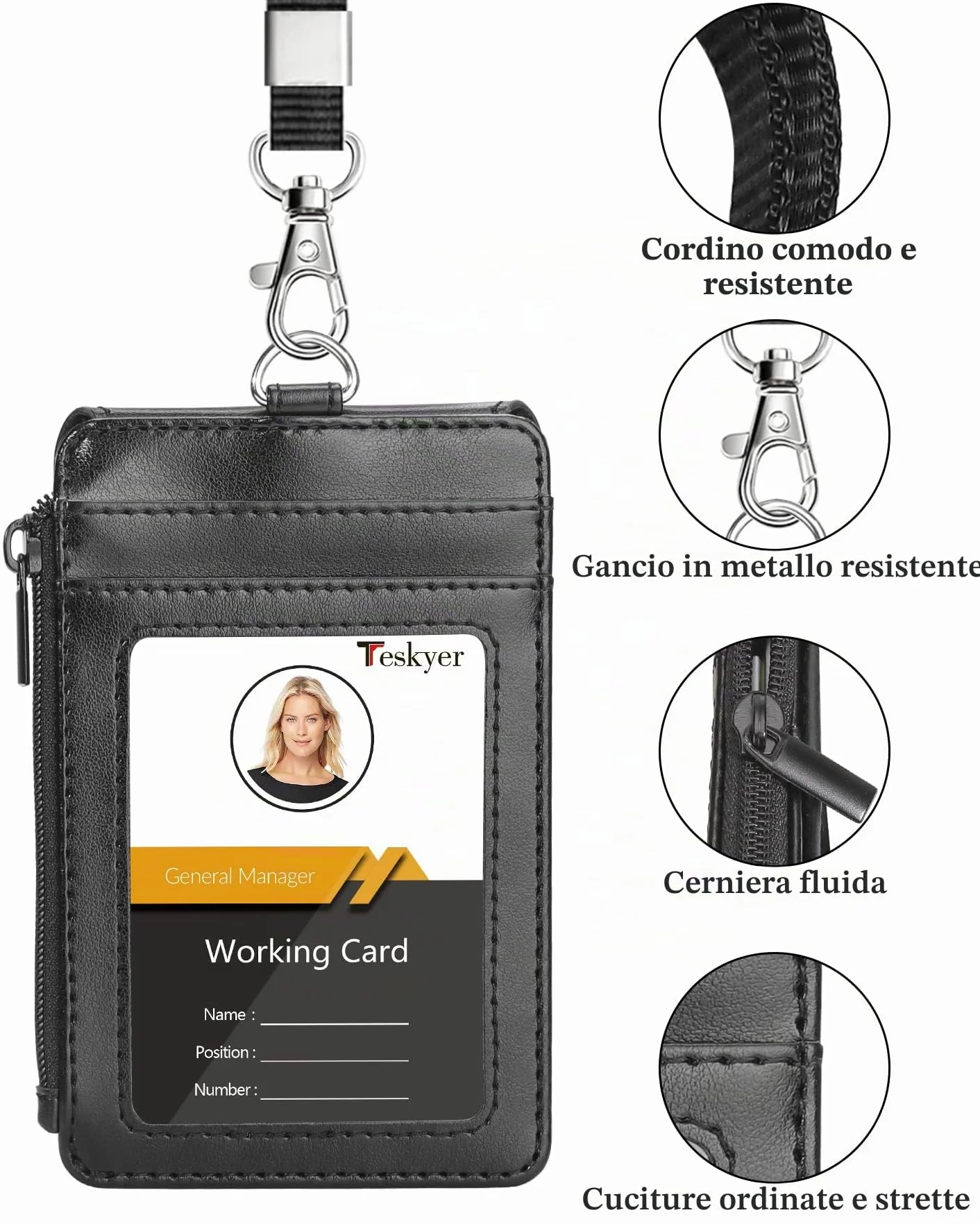 Teskyer Porta Badge da Collo in Pelle PU con Cordino Nylon e Gancio Acciaio Inossidabile, Tasca Cerniera, 1 Finestra ID, 3 Slot Schede