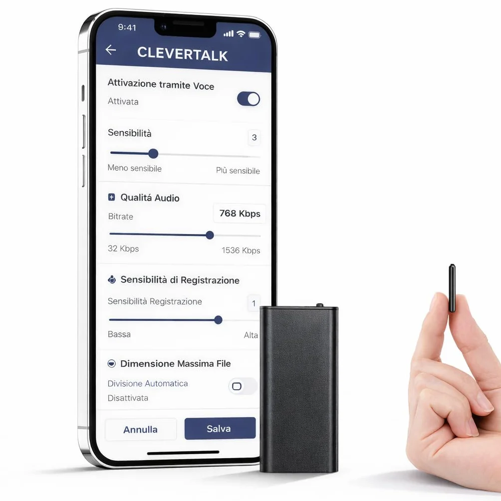 CleverTalk Q1 Registratore Vocale con IA | Attivazione Vocale | App Mobile, Mac, Windows e Web | Cloud Europeo GDPR | 64GB | Audio HD 1536kbps | USB-C