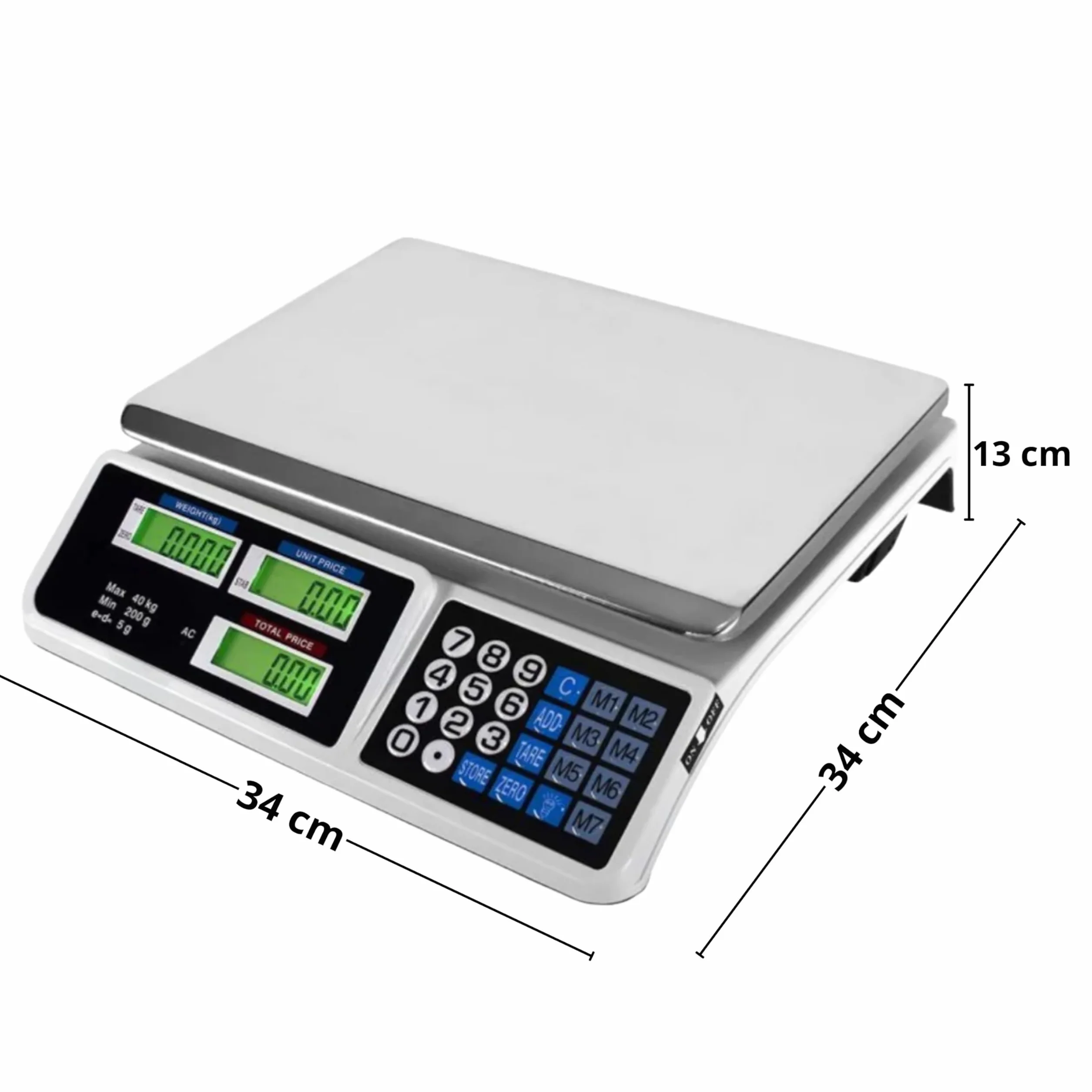 Yasta Bilancia Professionale Digitale da Banco 40kg, Alta Precisione 2g, per Alimenti e Pacchi, 7 Memorie Prezzi, 6 Display LCD Retroilluminati, Batteria Inclusa