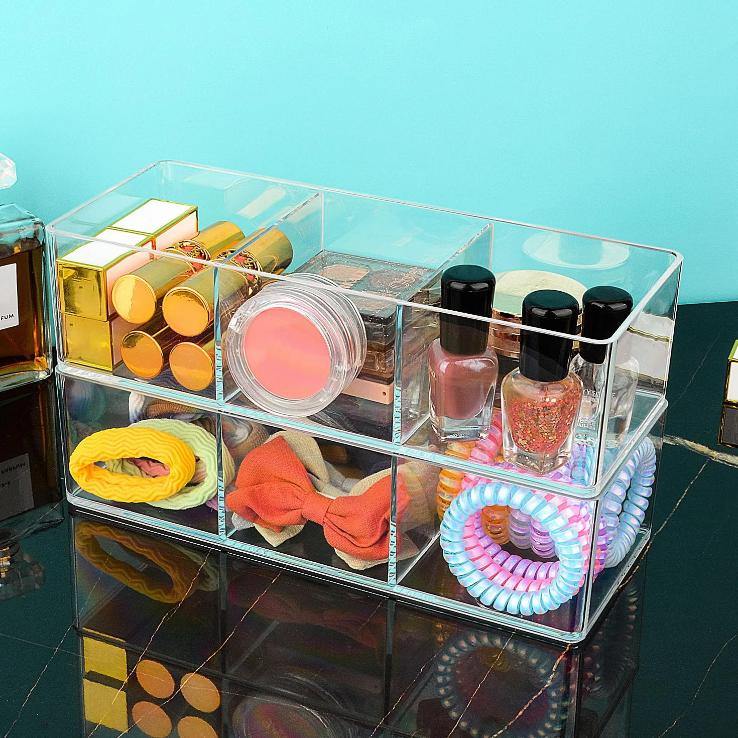 JessLab Set da 4 Organizer per Cassetto in Acrilico, Scatole Trasparenti per Trucco, Gioielli e Forniture da Ufficio, Impilabili per Vanità, Bagno, 2 a 1 Scomparto & 2 a 3 Scomparti