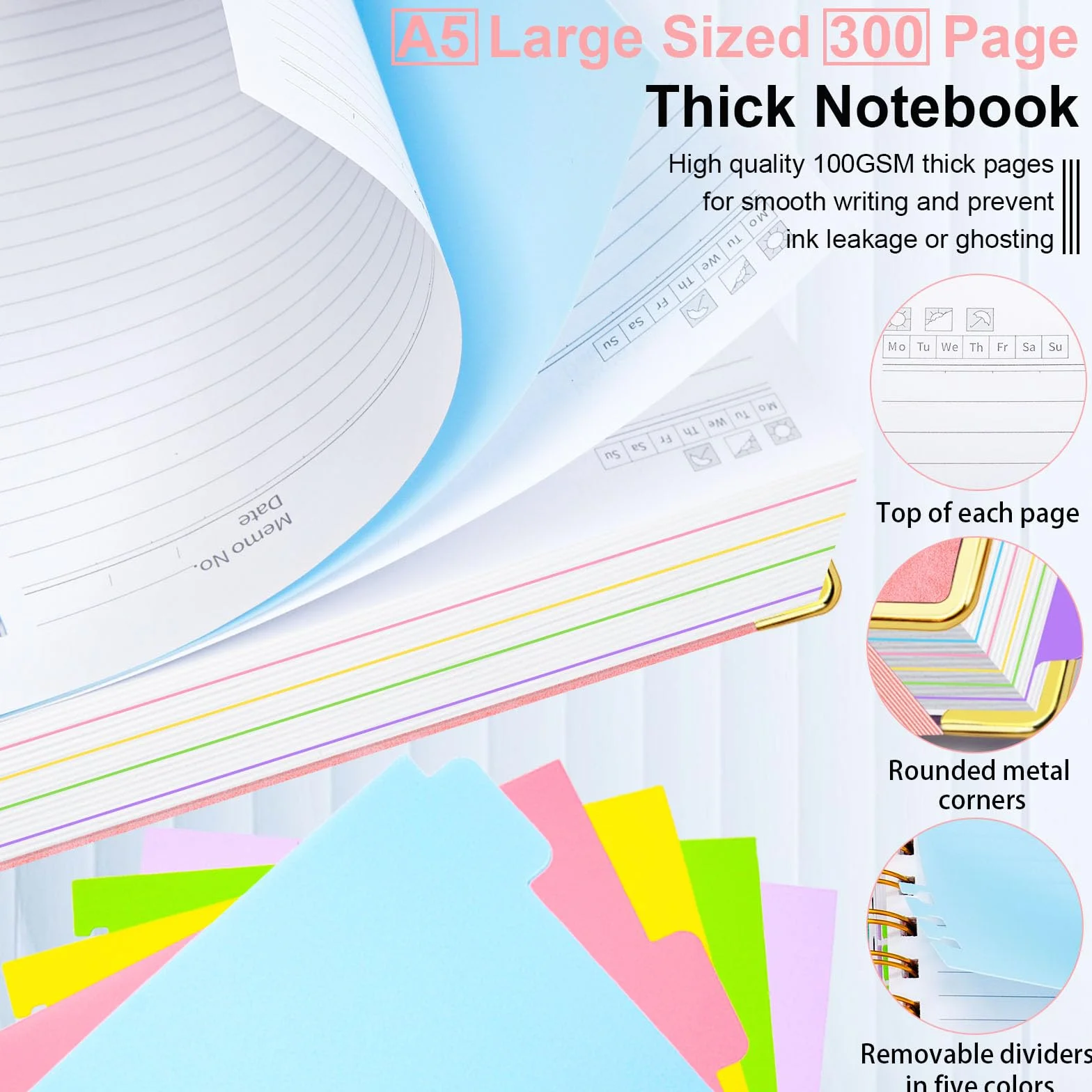 Taccuino a spirale con copertina rigida, 15,7 x 20,8 cm, con linguette e divisori rimovibili, 300 pagine, 5 soggetti, a righe, in ecopelle, per donne, scuola, lavoro (rosa)