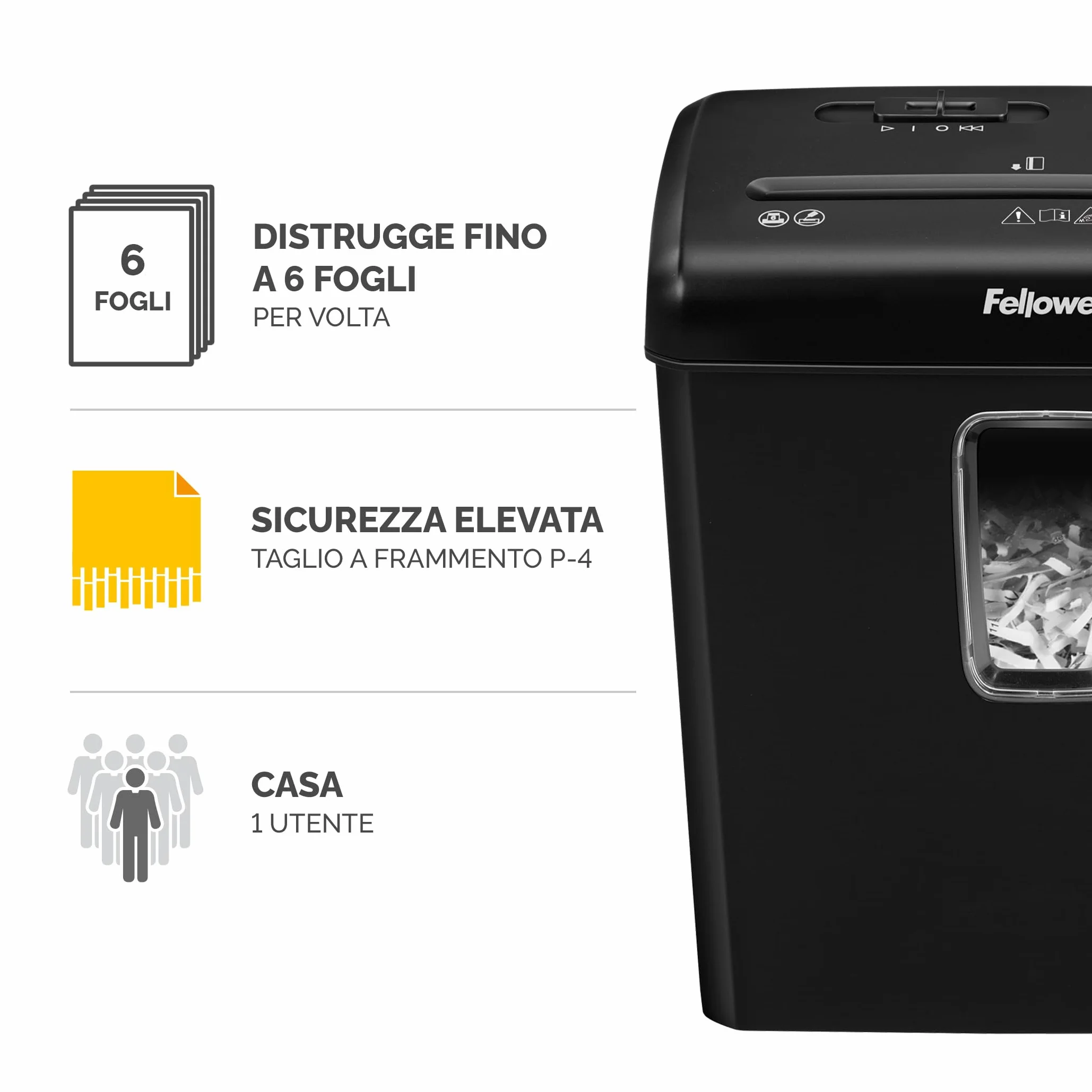 Fellowes Distruggi documenti a frammento FS-6C, 6 fogli, per casa e piccolo ufficio, uso personale, cestino da 15 litri, distruggidocumenti nero [ESCLUSIVA AMAZON]