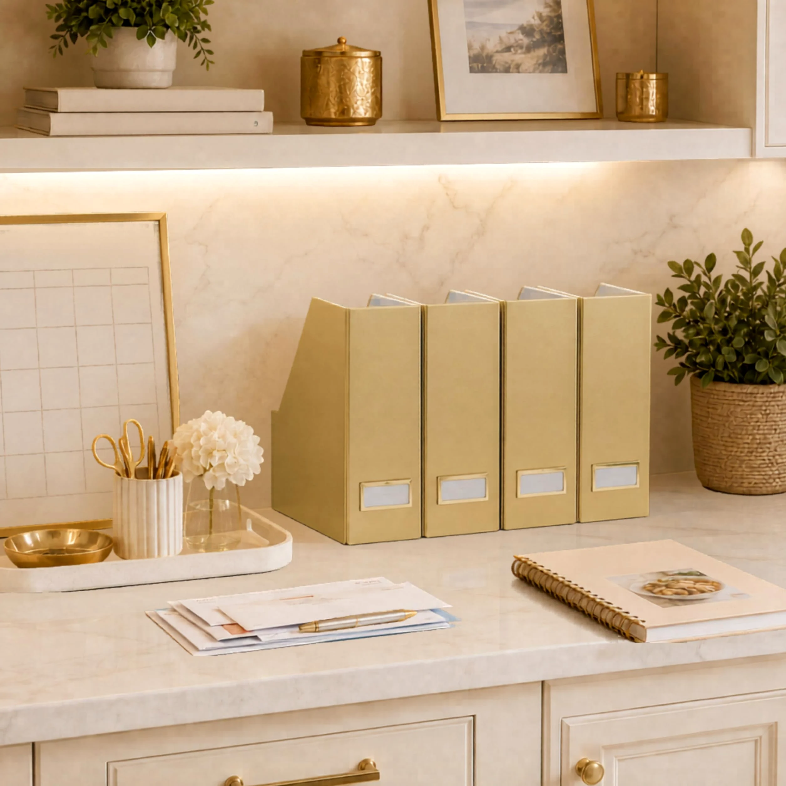Blu Monaco Portariviste Pieghevole in Oro con Porta Etichette Oro - Set di 4 scatole Porta riviste in Cartone - Accessori da scrivania Dorati