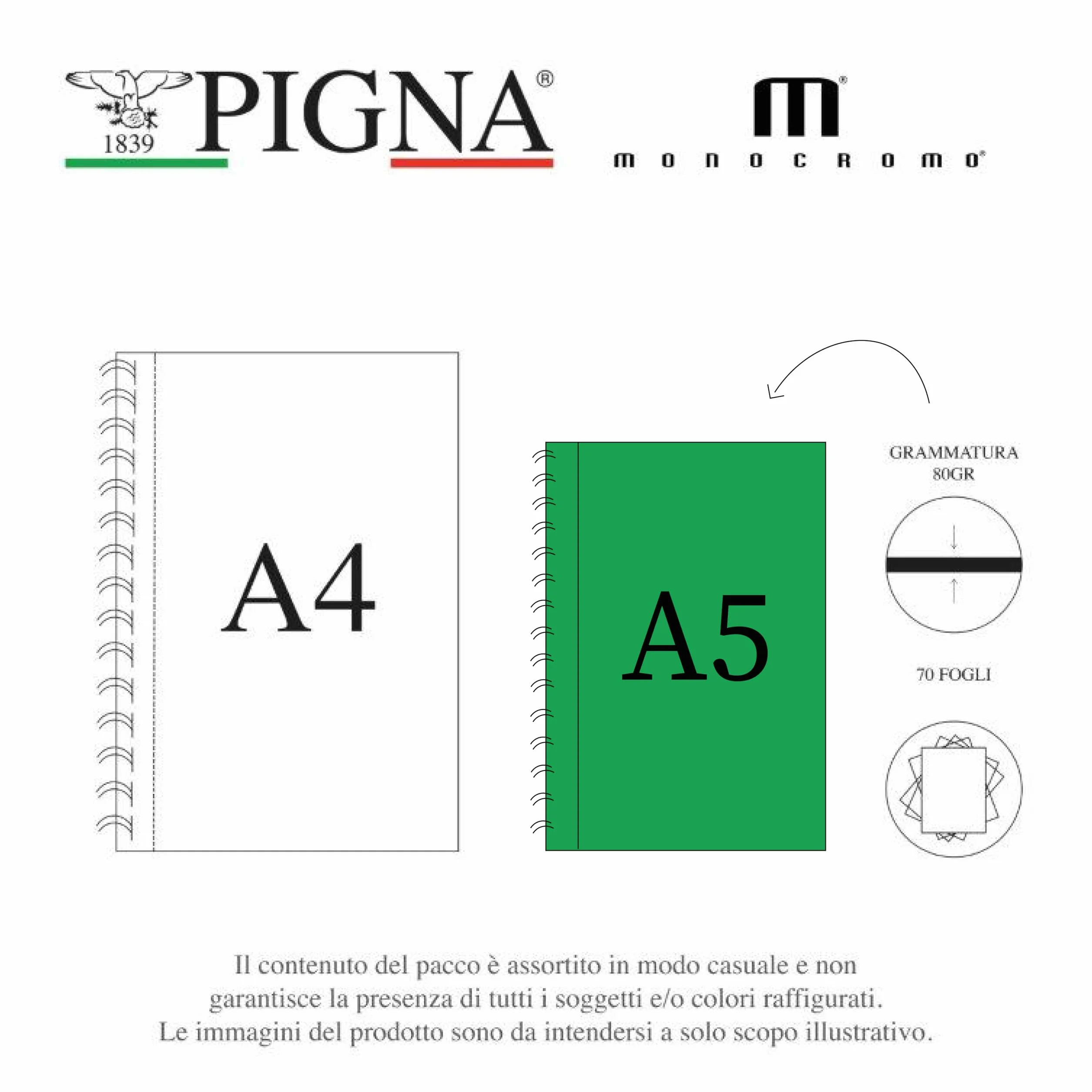 Pigna Quaderni A5 Spiralati Monocromo Microperforati 5M Quadretti 5mm Confezione 5