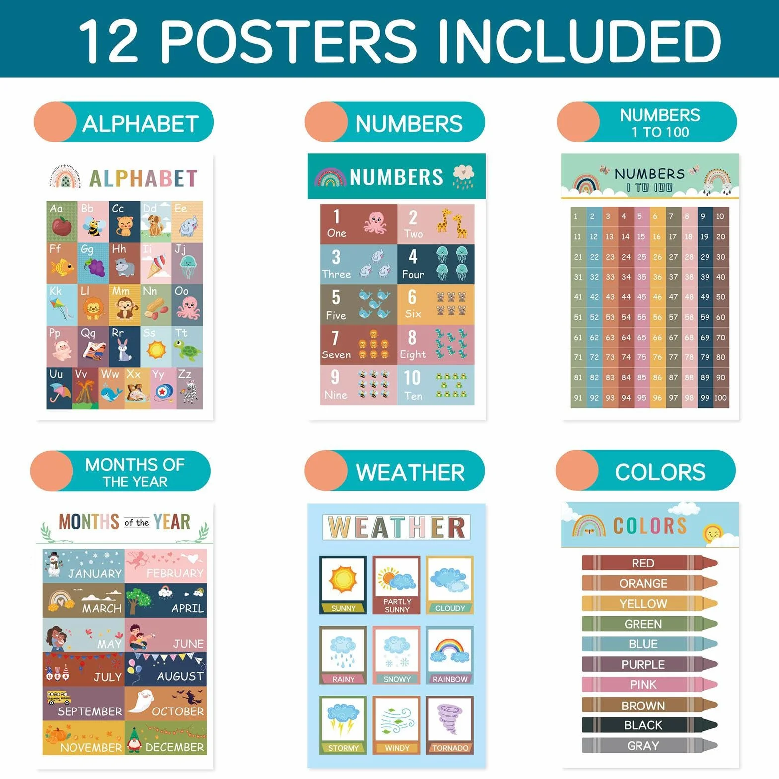 Poster educativi 40,2 x 40,2 cm set di 12 stampe con numeri e lettere per bambini in età prescolare
