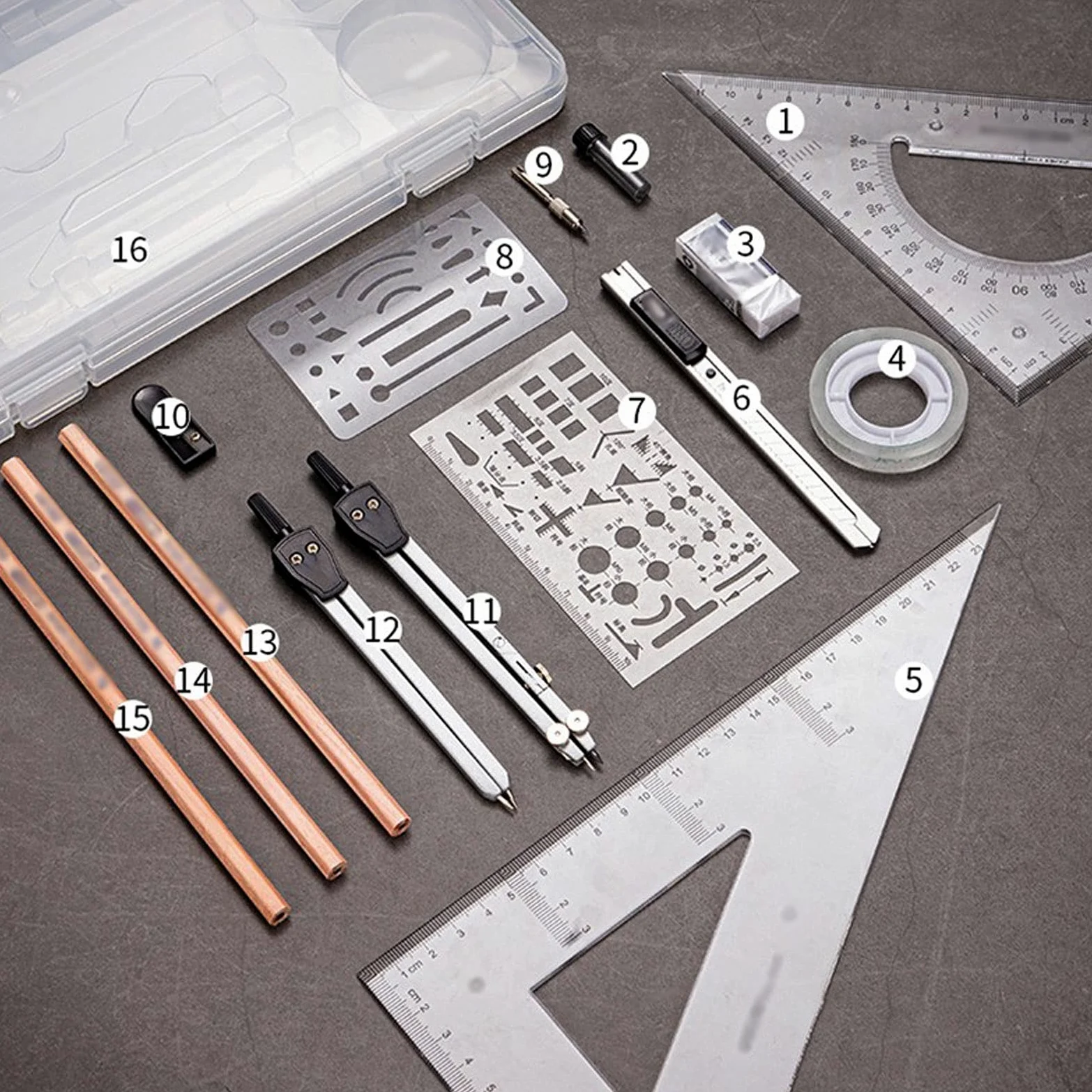 Compassi per tracciare Set di strumenti di geometria matematica Set di bussola 16 pezzi con rifornimenti di piombo Glortractor Set ideale for la casa e l'ufficio della scuola Strumenti di misura
