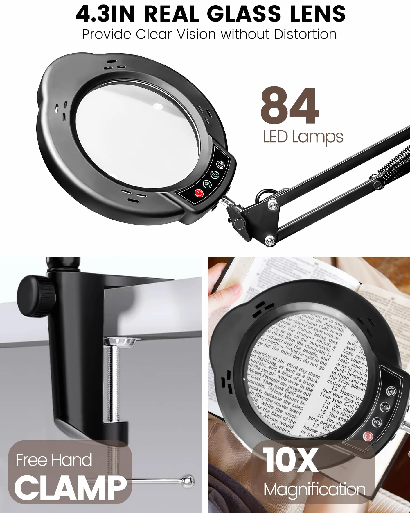 TANYO Lampada con Lente di Ingrandimento 84 LED 3 Modalità Colore 10 Luminosità