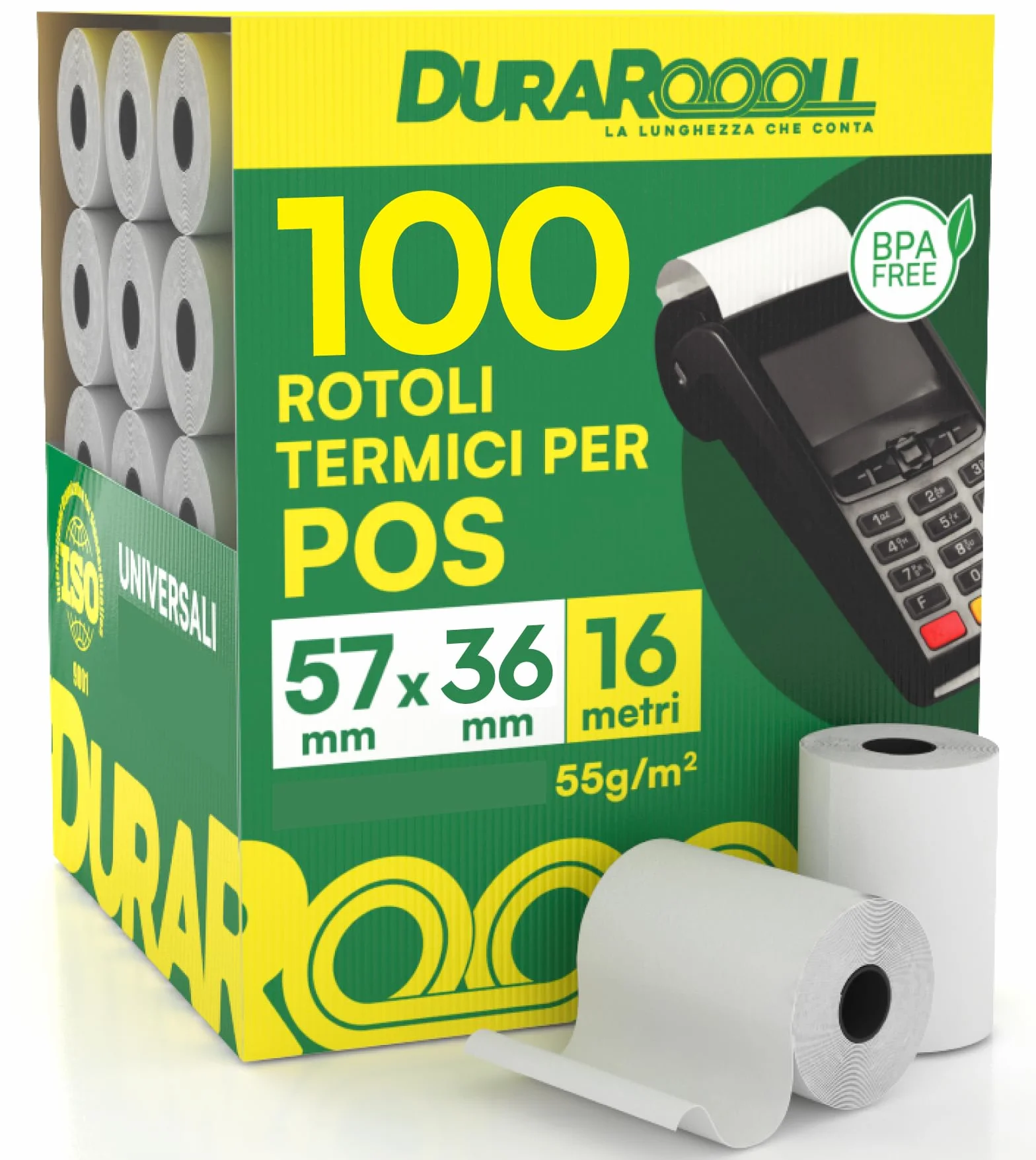 100 Rotoli Carta POS 57x36 Rotolini Termici DuraRoooll - Rulli Carta Termica 16m Compatibile con SumUp Nexi Pax Axerve Ingenico Smart POS - Rullini per Scontrini e Ricevute Carte di Credito Bancomat