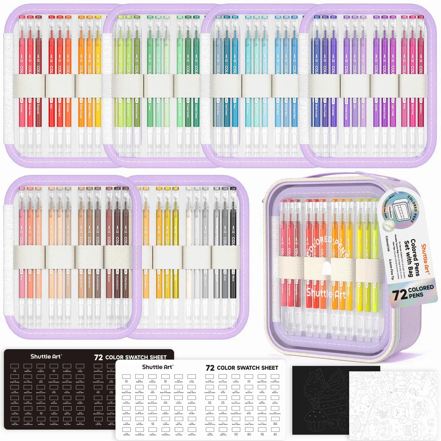 Shuttle Art Penne colorate, 72 colori vivaci, penne gel colorate a punta fine da 0,6 mm, per carta nera, in borsa portatile, per colorare, scrivere, disegnare, diari, prendere appunti, prendere scuola