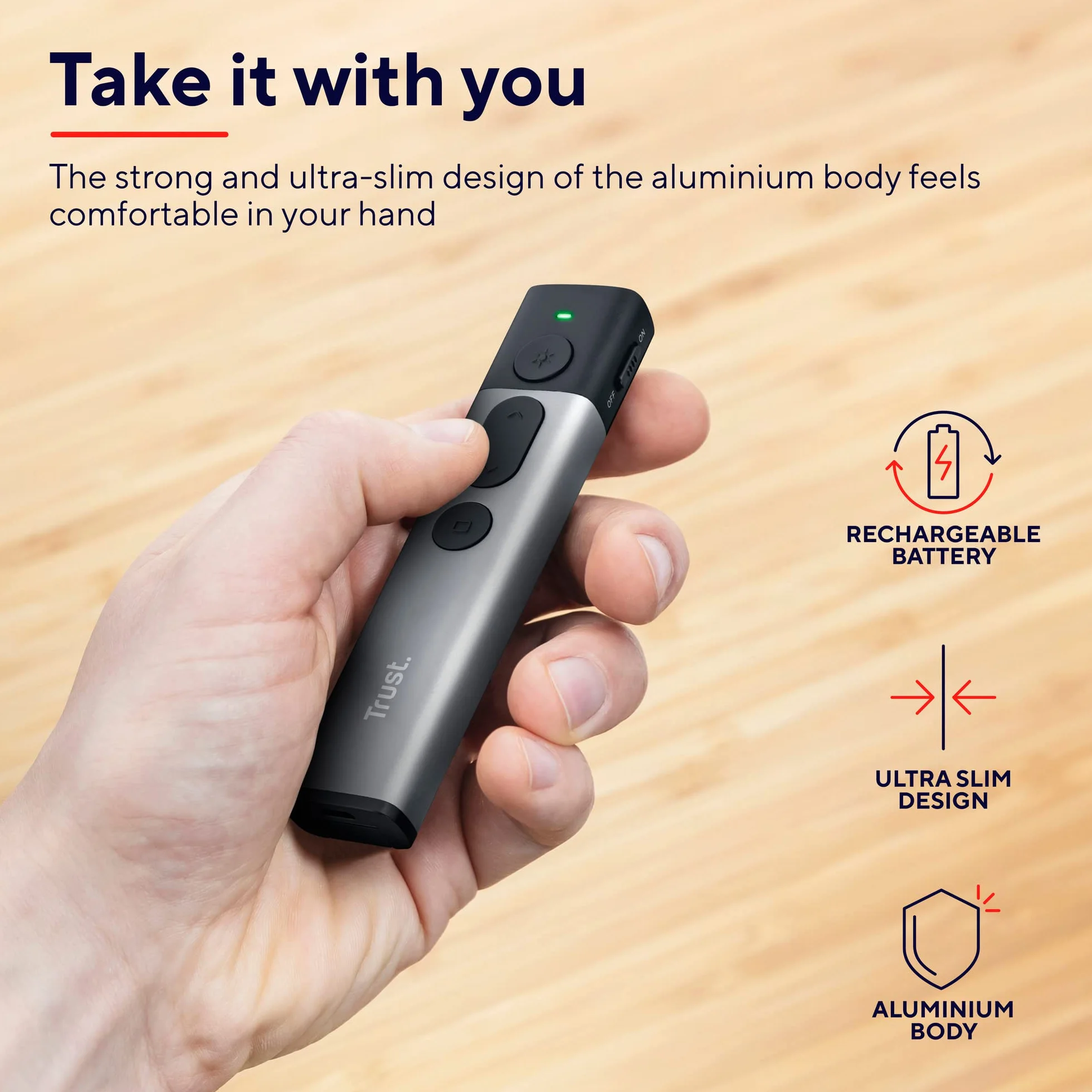 Trust Kazun Dispositivo per Presentazioni Wireless, Design Moderno Ultrasottile, Portata del Segnale Wireless 30 metri, 4 Funzioni PowerPoint, Porta USB, Windows 10, 11, Grigio
