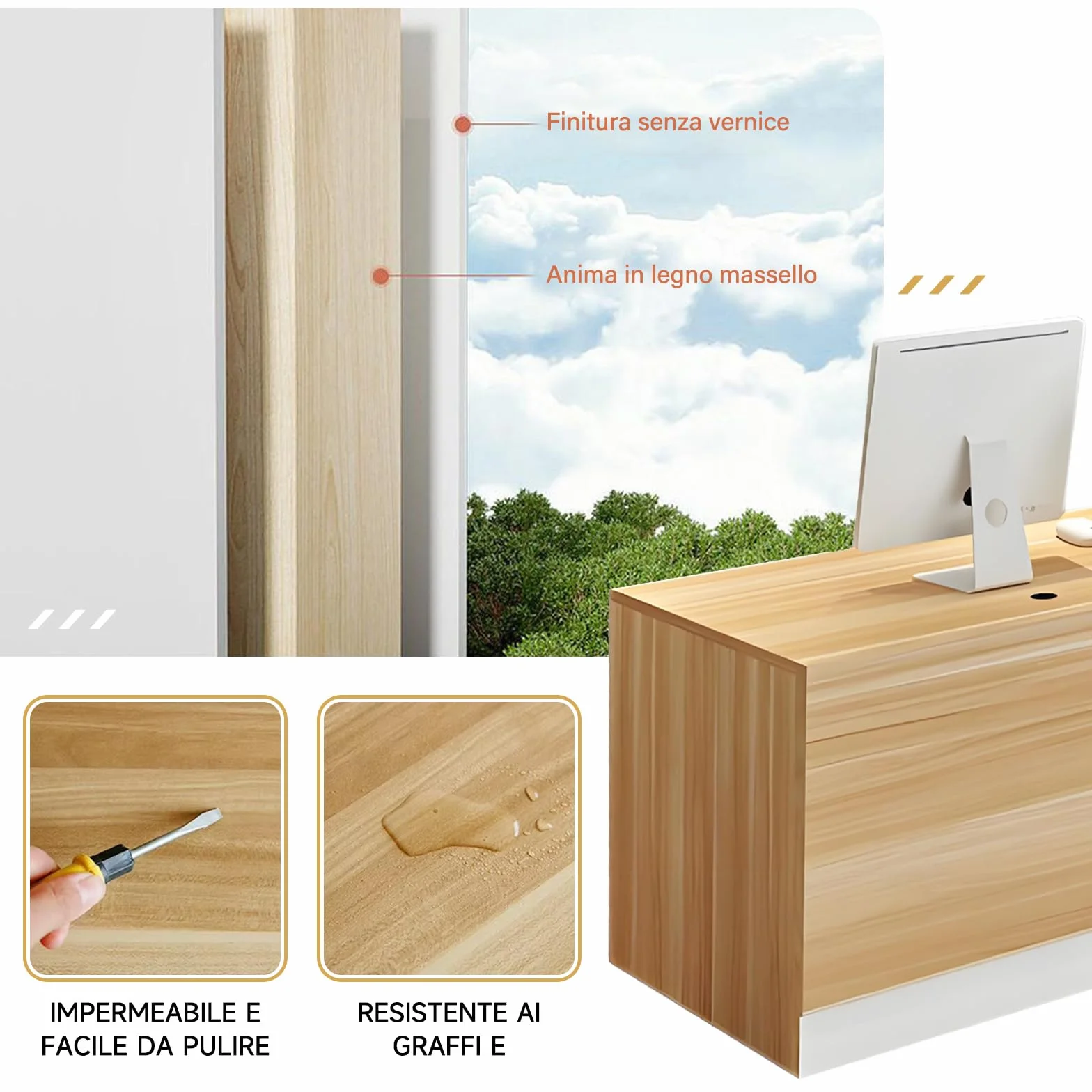 Bancone Reception Moderno con Spazio di Archiviazione, Scrivania Reception da 100–240 cm con Cassetto e Ripiani, Ideale per Uffici, Saloni, Hall e Negozi