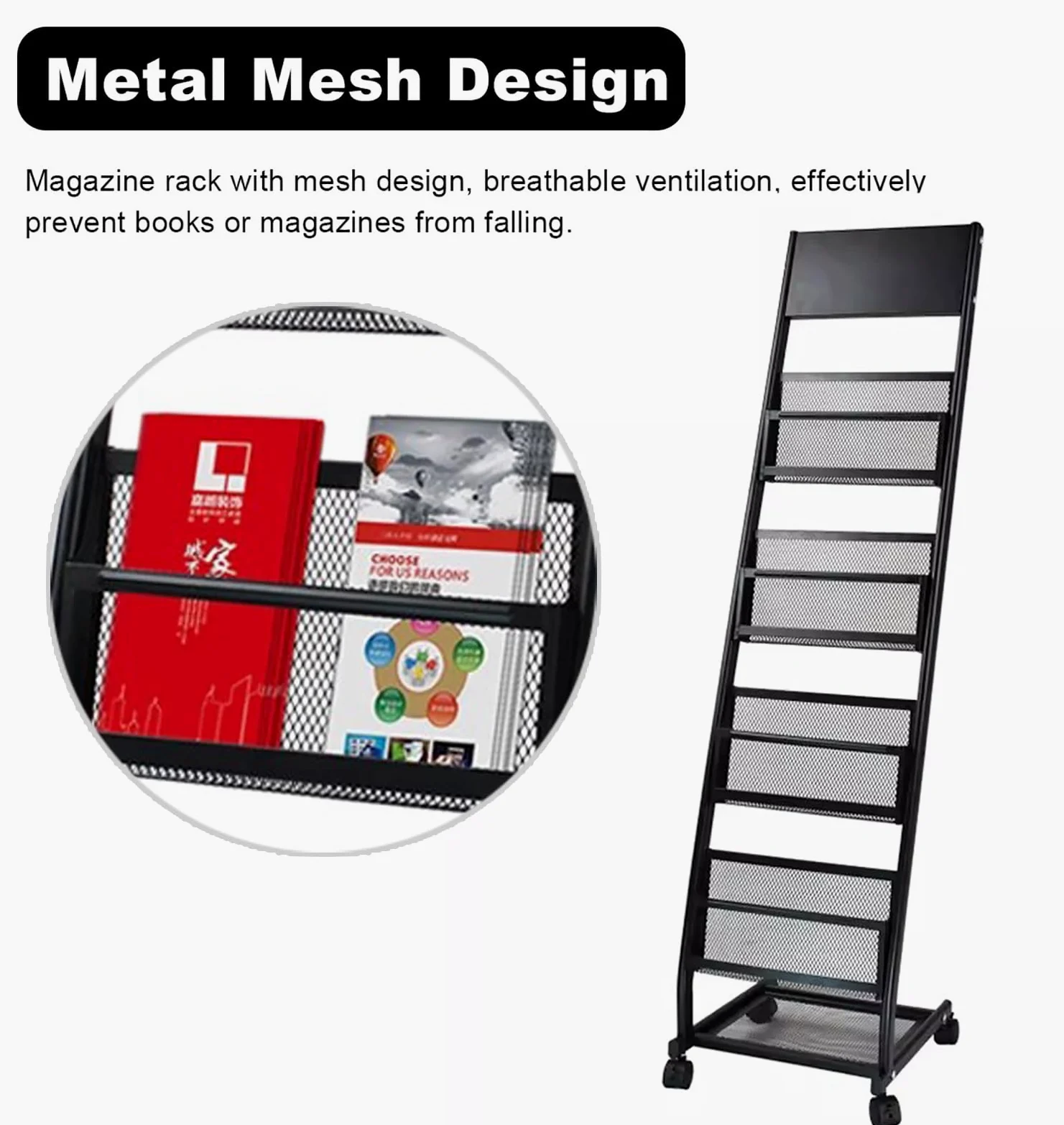 Portariviste in rete metallica con rotelle, espositore a 5 strati per brochure e archivio, organizer verticale multiuso, decorazione moderna
