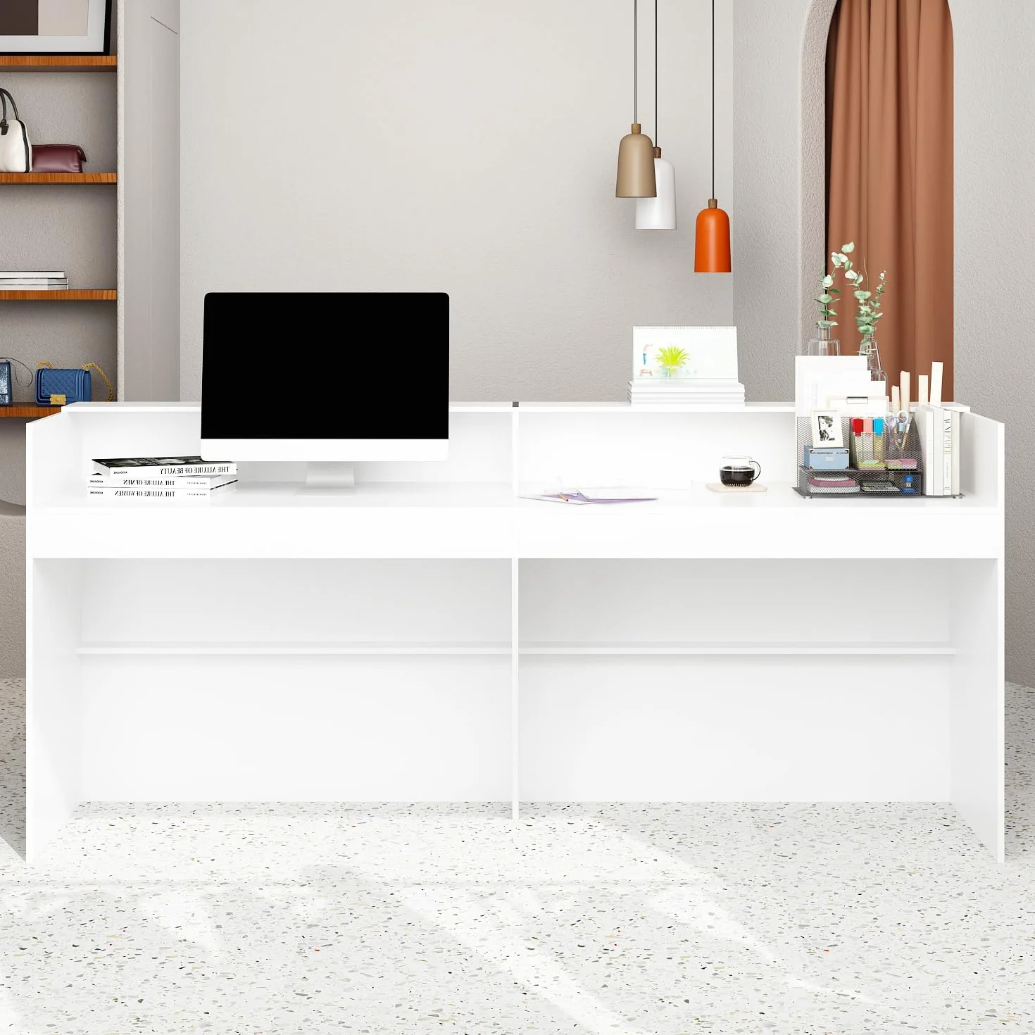Banco di Ricevimento Con Grande Superficie di Lavoro, Bancone Della Reception, Tavolo da Ufficio Con Protezione per la Privacy, Bianco, 220 x 60 x 100 cm