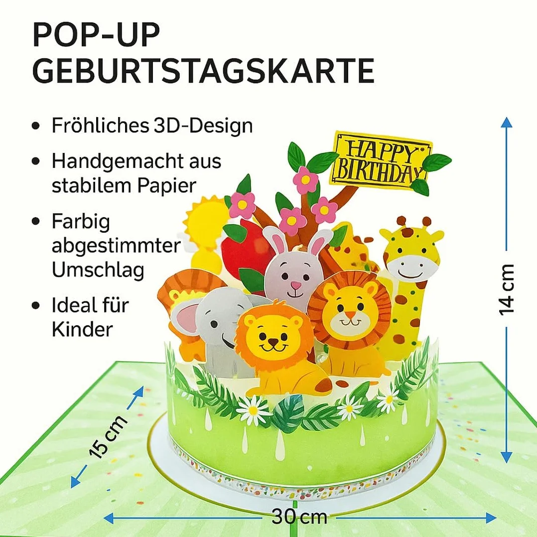 Biglietto di auguri pop-up 3D Animali sulla torta Compleanno bambini 15 x 20 cm Safari Animali con busta