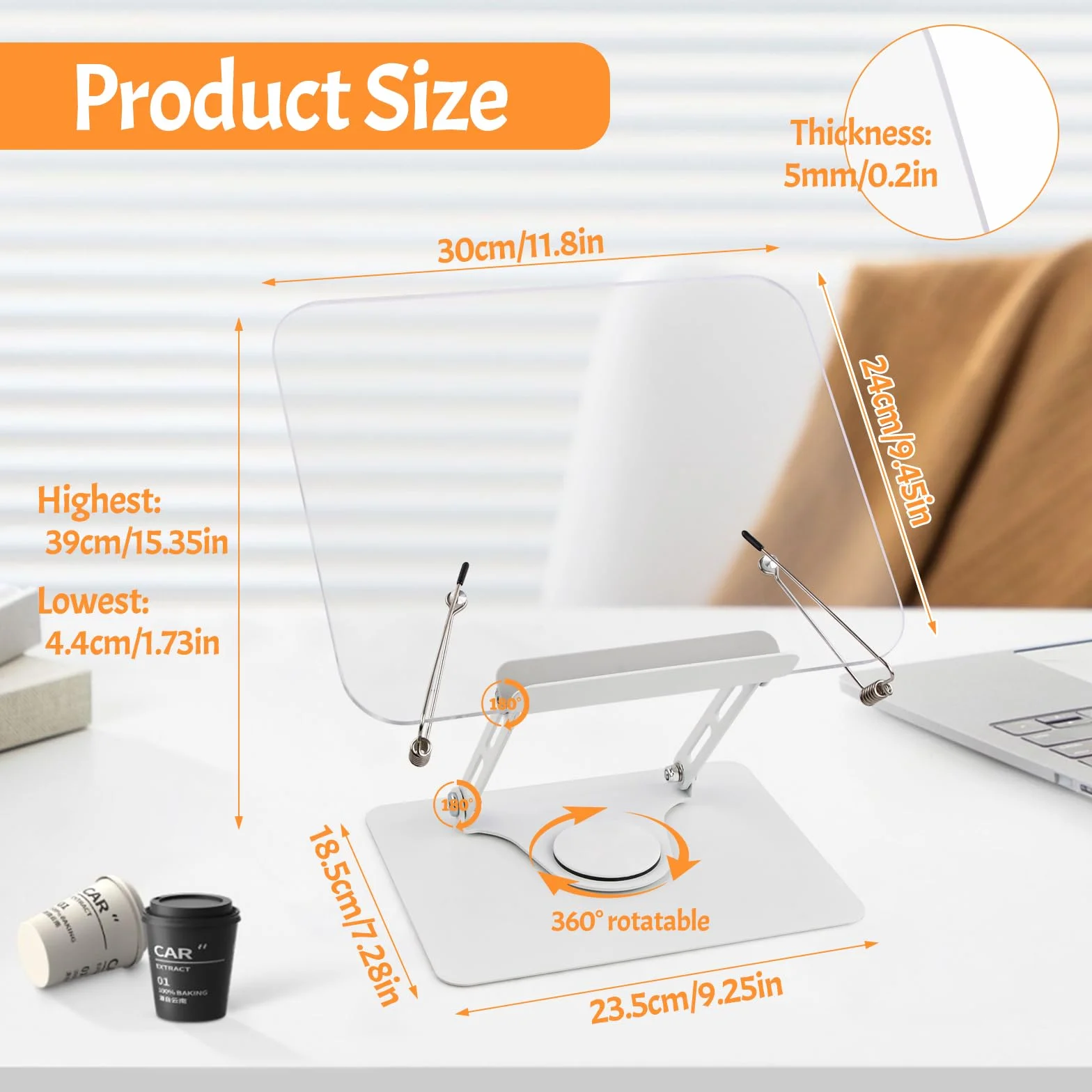 Leggio per Libri in Acrilico con Base Girevole 360° e Clip Elastiche, Regolabile 4,4-39 cm, Pieghevole Porta Libro da Scrivania