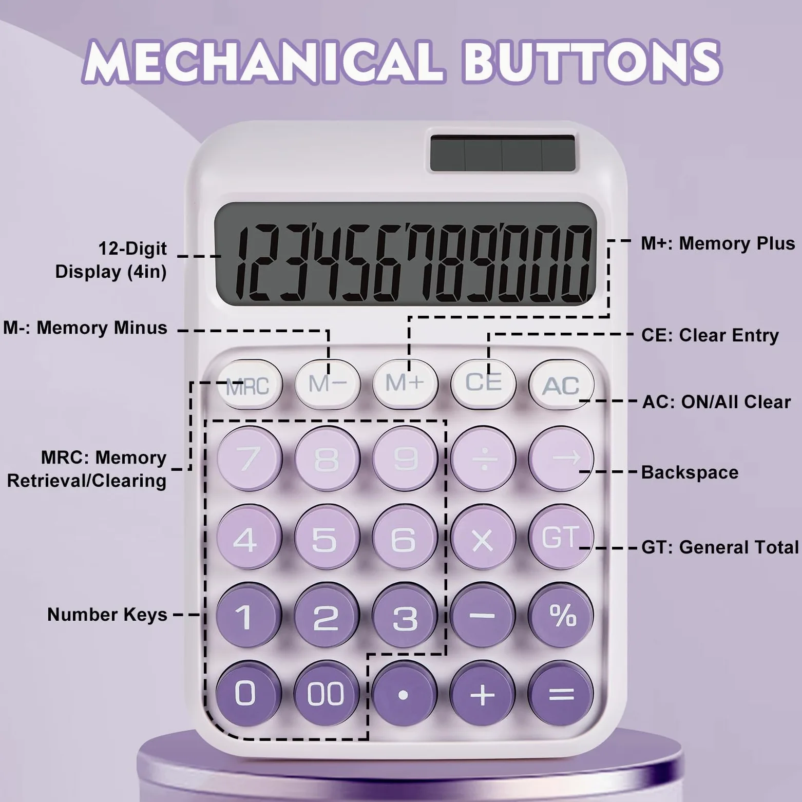 Calcolatrice meccanica con pulsanti grandi, calcolatrice da tavolo, 12 cifre, alimentazione a batteria solare, calcolatrice da tavolo, grande display LCD, simpatiche calcolatrici viola per