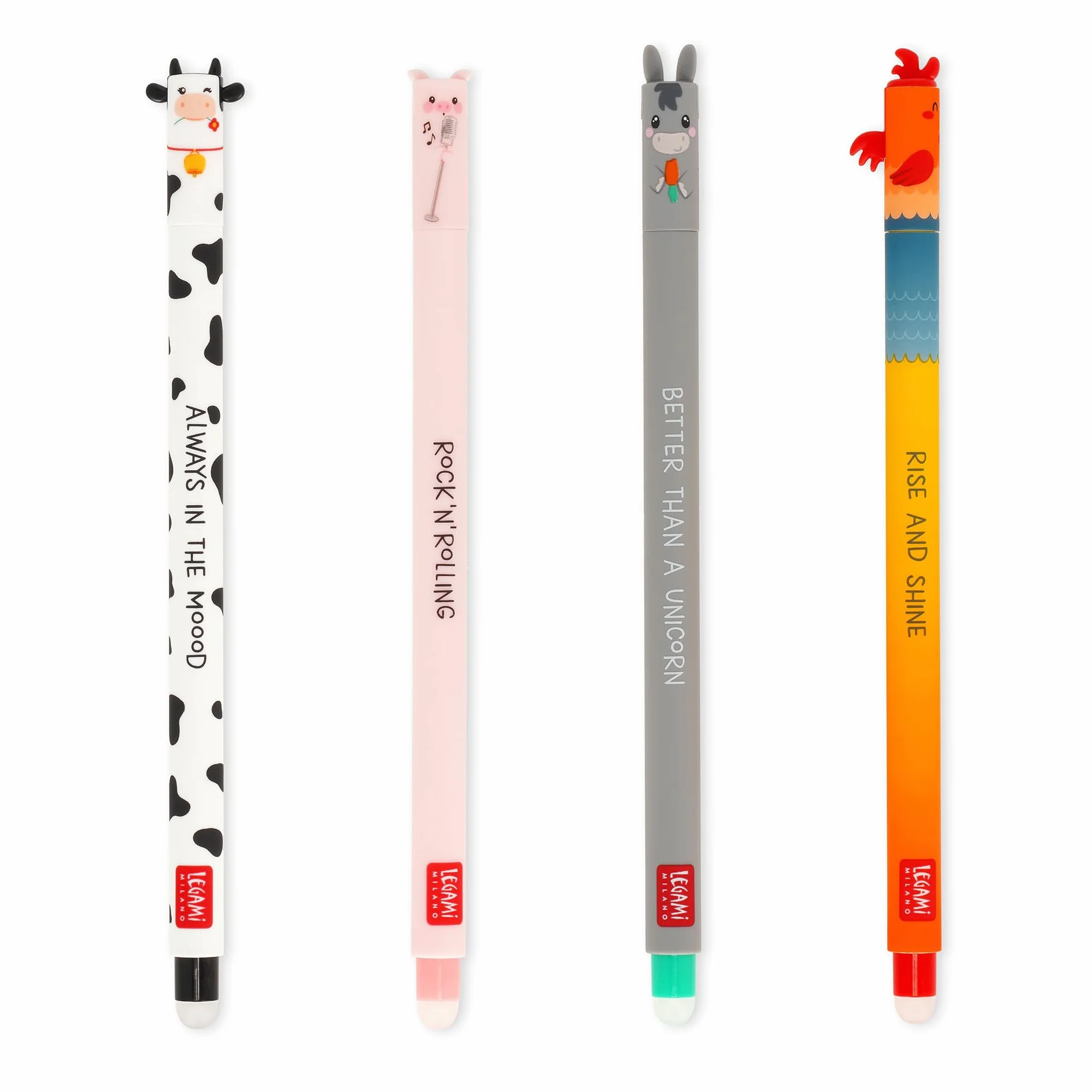Legami Set di 4 Penne Gel Cancellabili Farm Sweet Farm, Inchiostro Termosensibile, Nero Rosa Verde Rosso, Punta 0,7 mm