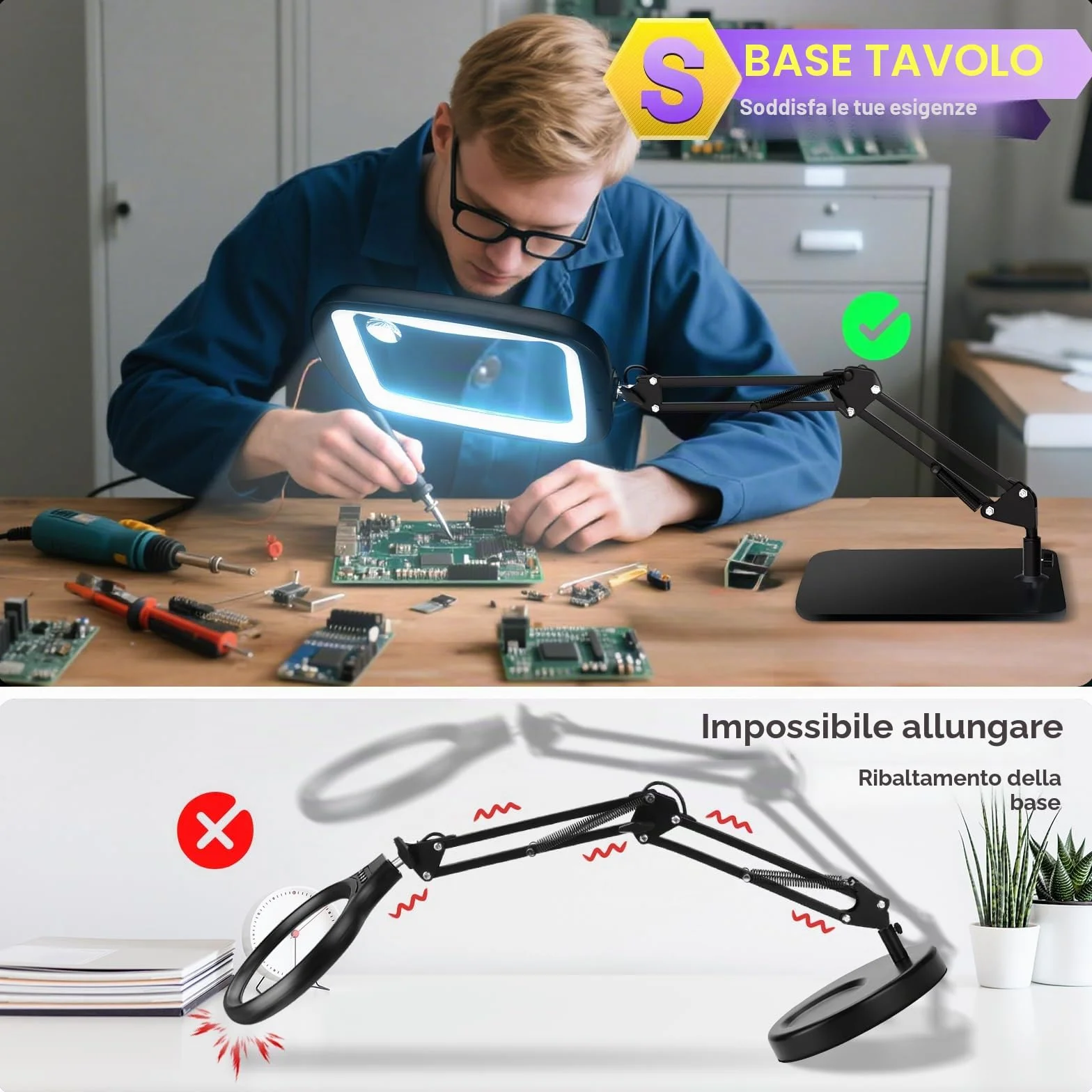Lente di Ingrandimento con Luce LED 10X 30X, 5 Modalità Colore, Lampada da Scrivania per Lettura Hobby