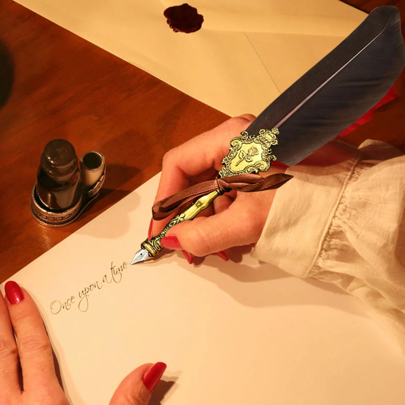 Set di inchiostro con piuma d'oca | Set di penne per calligrafia con piuma | d'oca | Set di sigilli per ceralacca aggiornato con punte di ricambio, penna vintage Signature Pen Set regalo