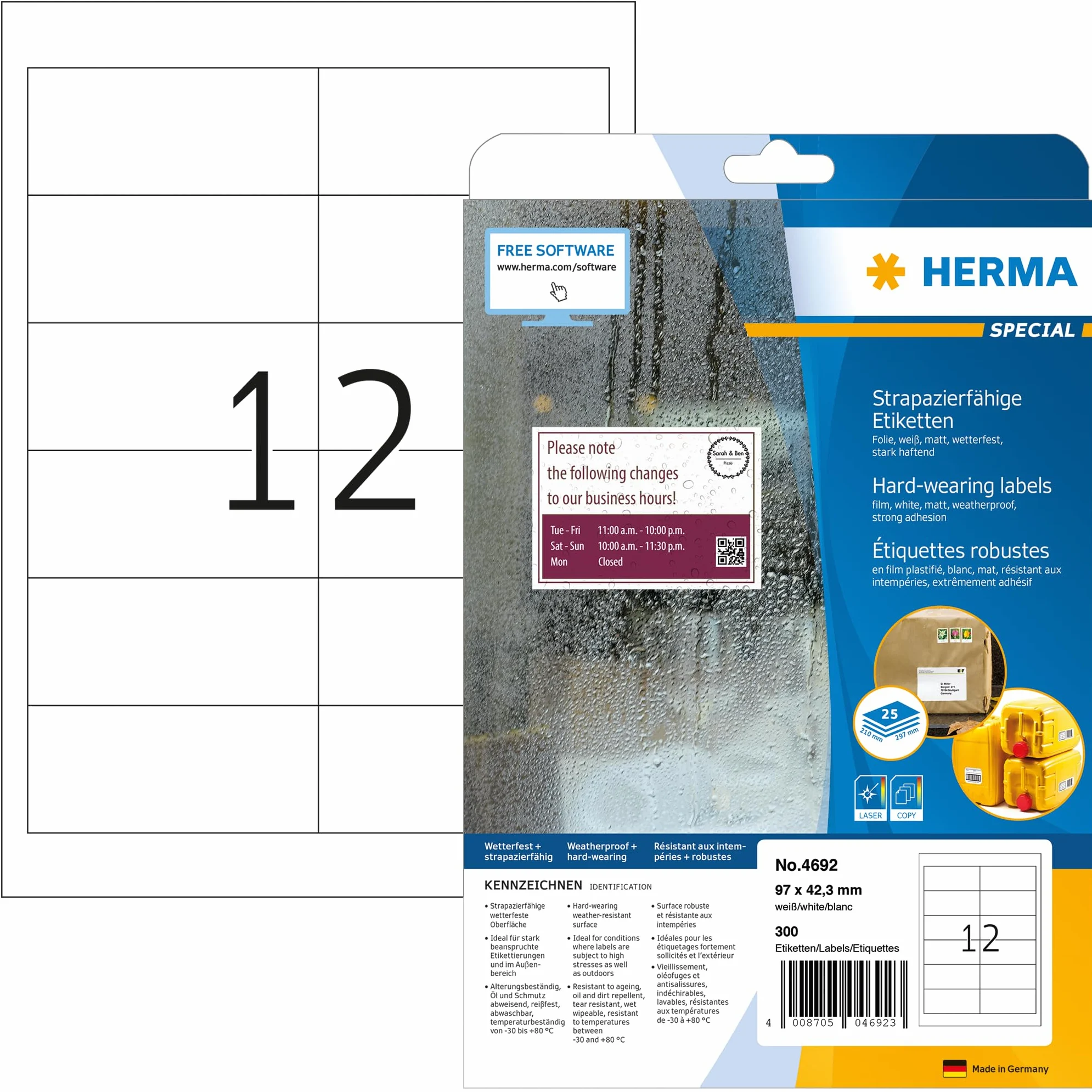 HERMA Etichette Impermeabili, 97 x 42,3 mm, Etichette Adesive A4 per Stampante, 12 Etichette per Foglio, Bianco