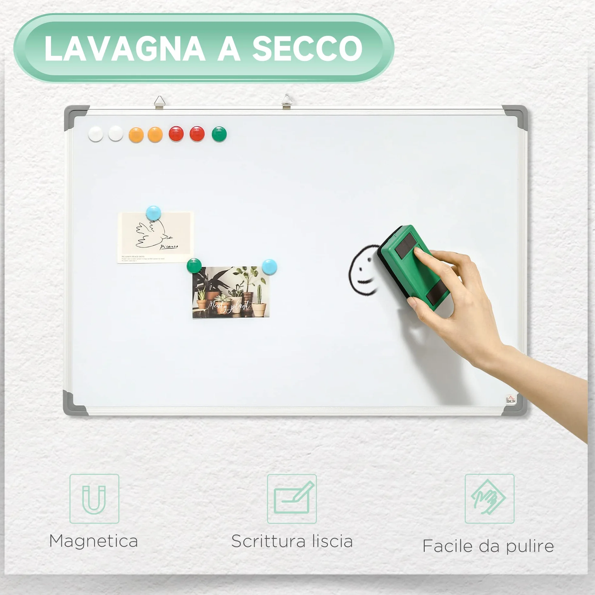 HOMCOM Lavagna Magnetica da Parete a Bordi Arrotondati con Gomma, Pennarelli e Magneti, Lavagna Bianca in Alluminio, 60x45x1.8 cm