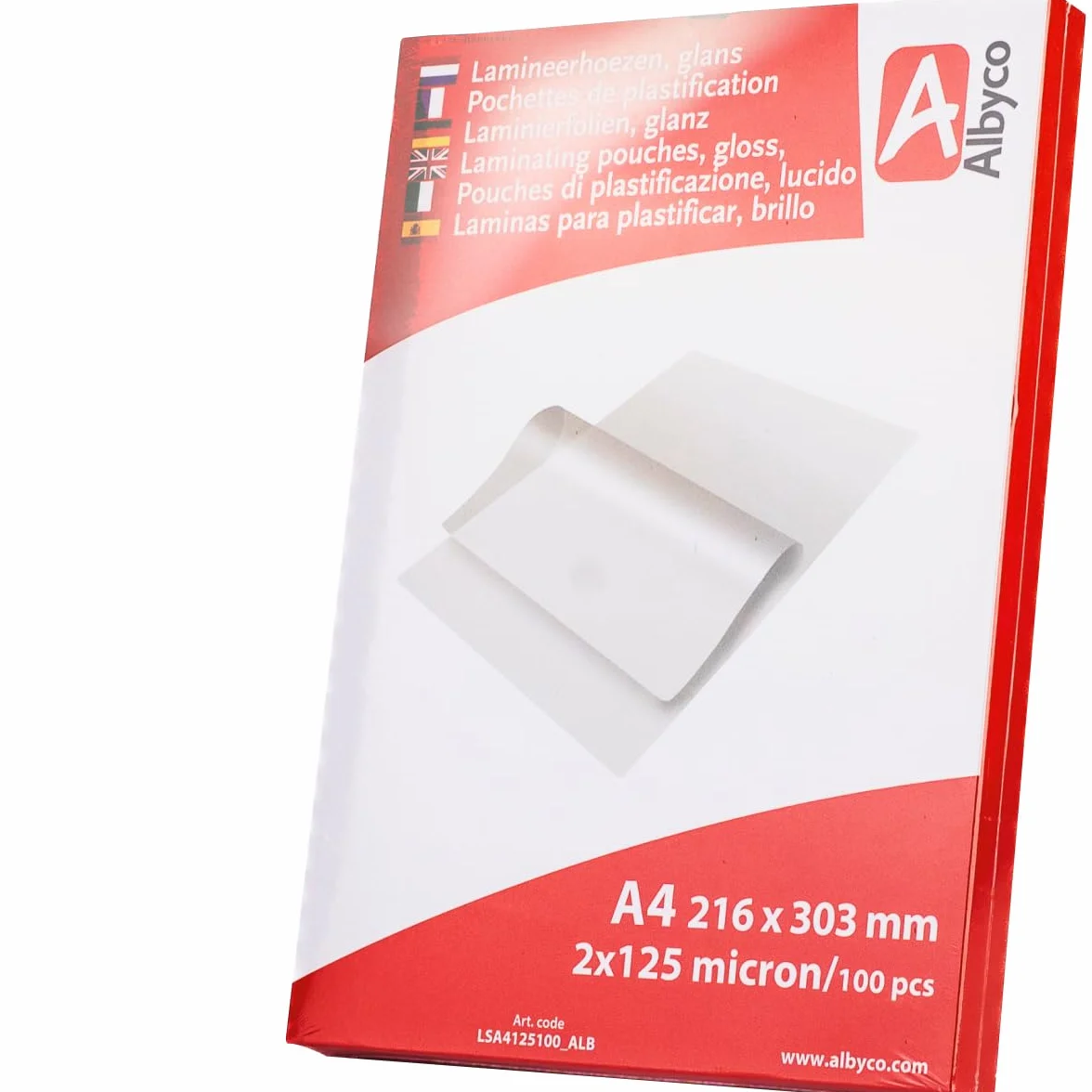 Albyco Foglio Plastificante A4 216x303 mm Lucido 250 Micron 100 Pezzi