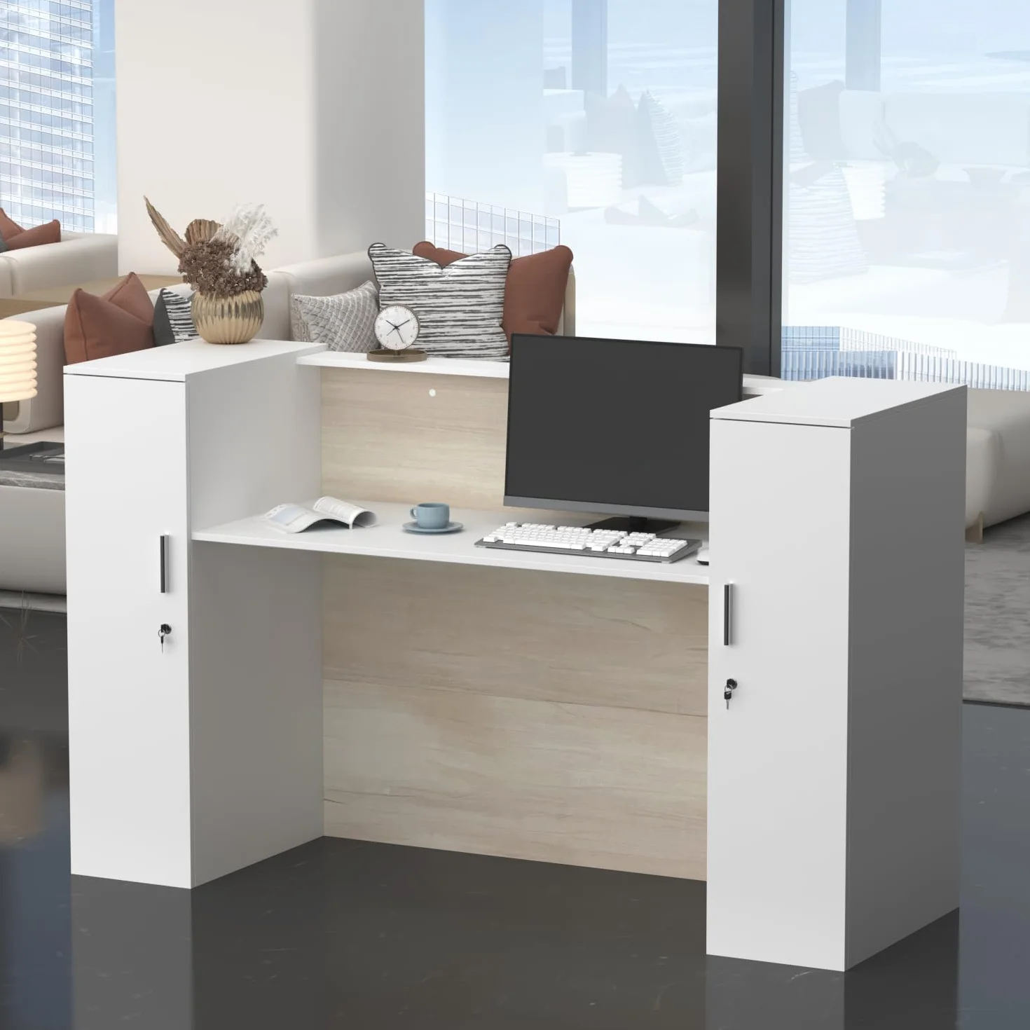 Banco reception, banconi per reception grandi, reception tavolo bancone con ripiani regolabili, banco reception ufficio bancone, colore legno e bianco, 180 X 60 X 110 cm, MDF