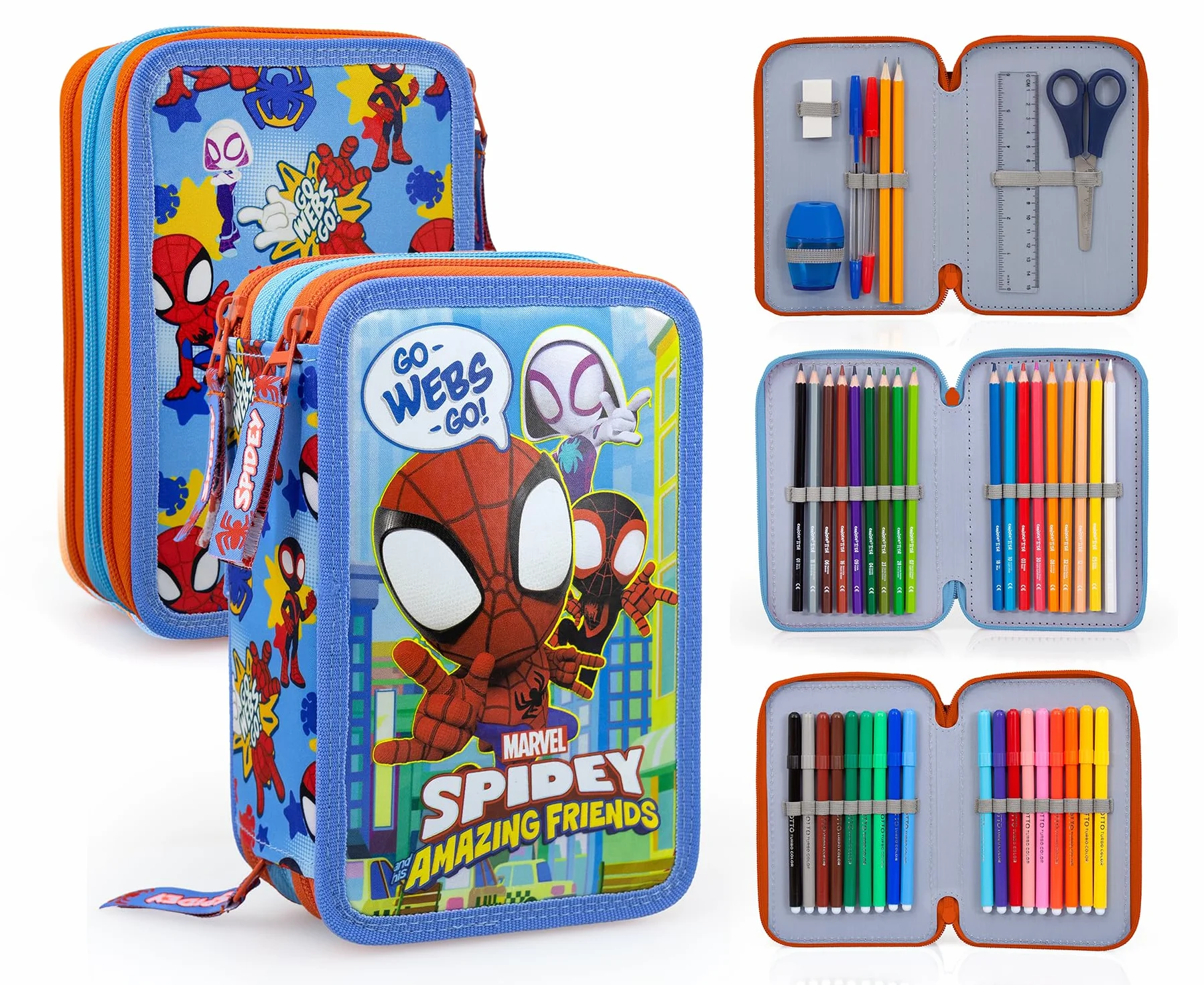 L'ERBAVOGLIO SPIDEY ASTUCCIO SCUOLA 3 ZIP ORIGINALE SPIDERMAN 44 PEZZI AZZURRO ROSSO