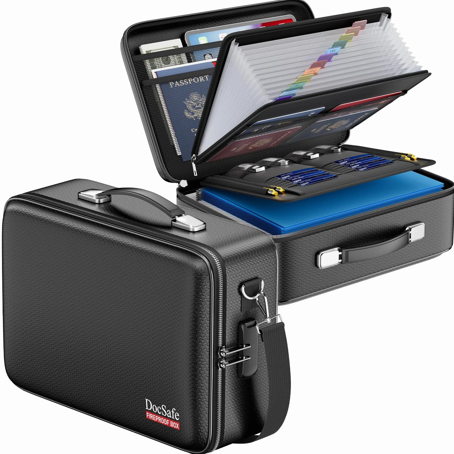 DocSafe Scatola portadocumenti ignifuga con serratura e tracolla, custodia rigida organizer con cartella a fisarmonica, multi-strato, portatile, per casa, ufficio, viaggi, archiviazione sicura per