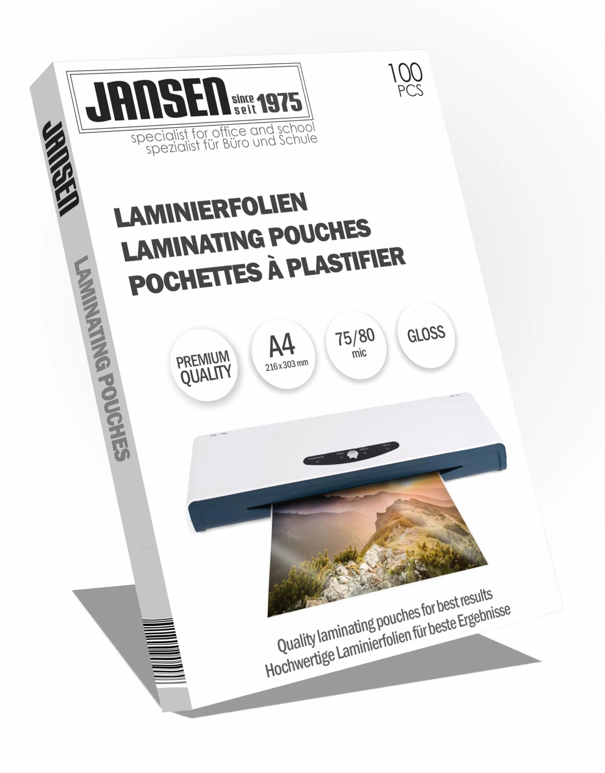 Pouches per plastificazione A4 finitura lucida 75/80 mic conf. 100 Jansen