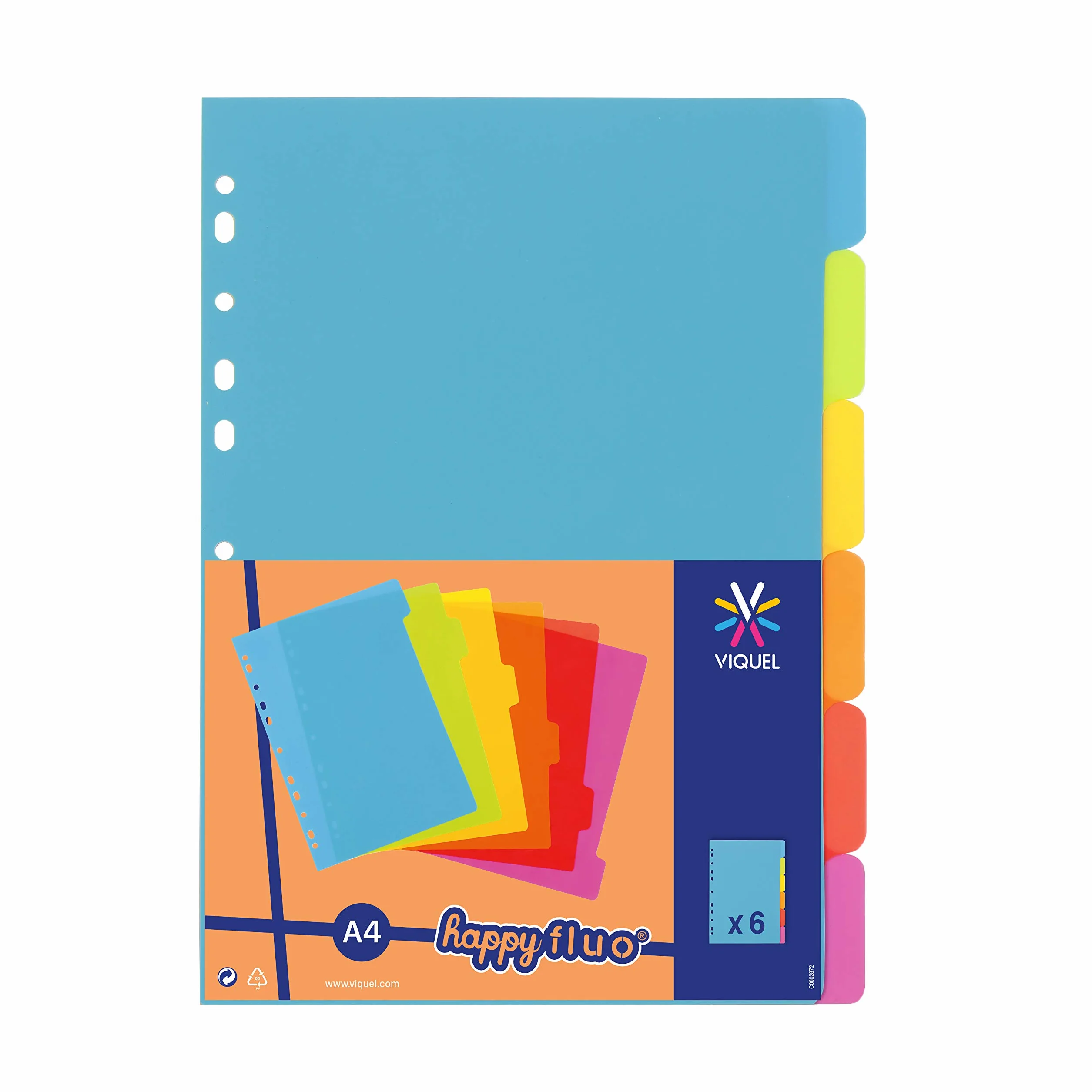 Viquel Set di 6 divisori in plastica formato A4 21 x 29,7 cm per raccoglitore colore fluo