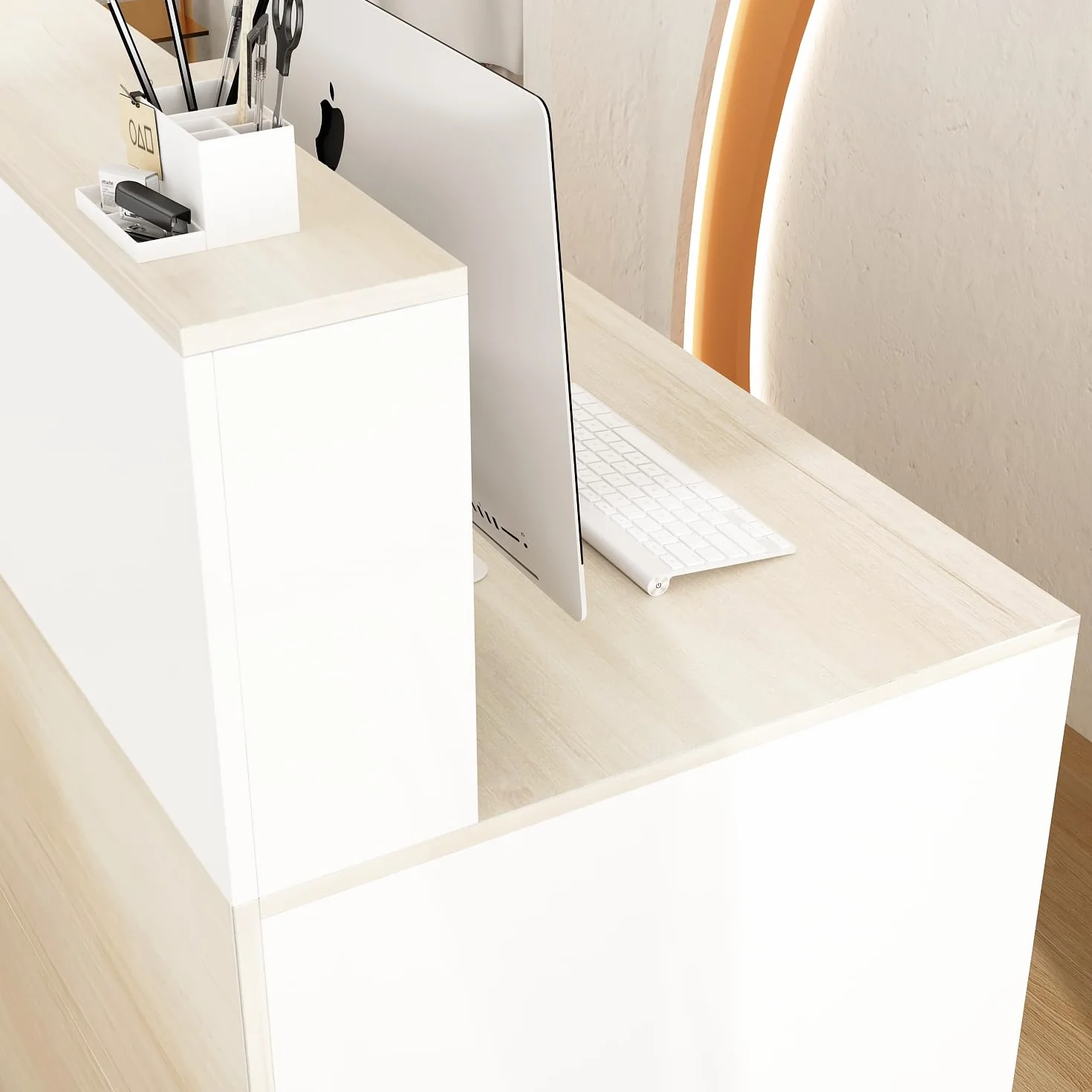 Banco della reception, grande bancone della reception, cassette con scomparti aperti, reception, banconi della reception, mobili da ufficio, colore legno e bianco, 140 x 60 x 110 cm, MDF